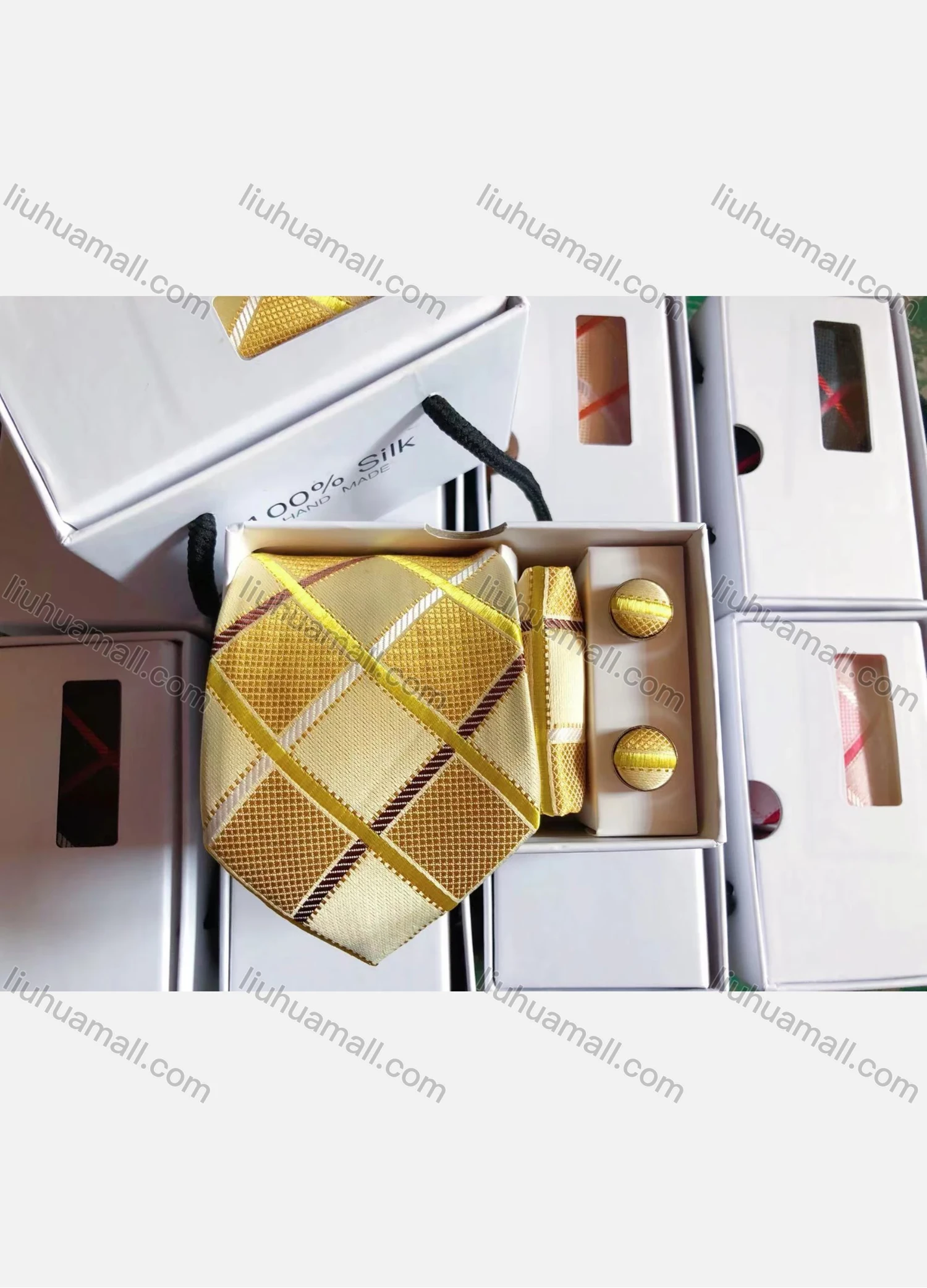 Wholesale Men's Fashion Argyle Colorblock Print Tie & Pocket Square & Cufflinks Sets - Liuhuamall