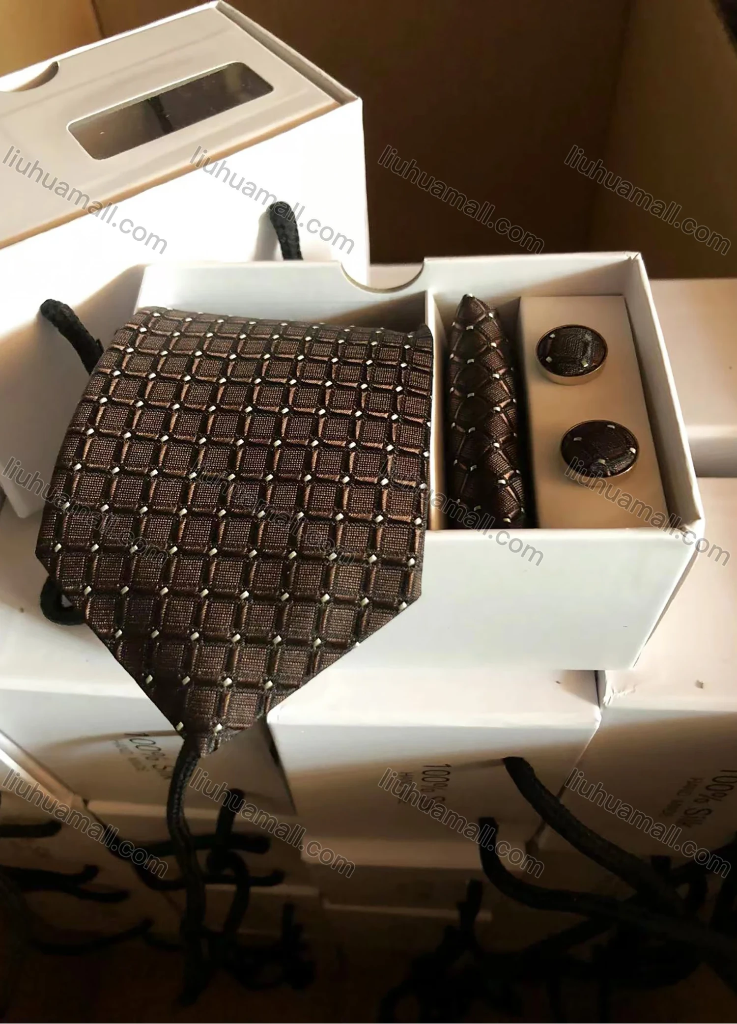 Wholesale Men's Business Plaid Tie & Pocket Square & Pair Cufflinks Sets - Liuhuamall