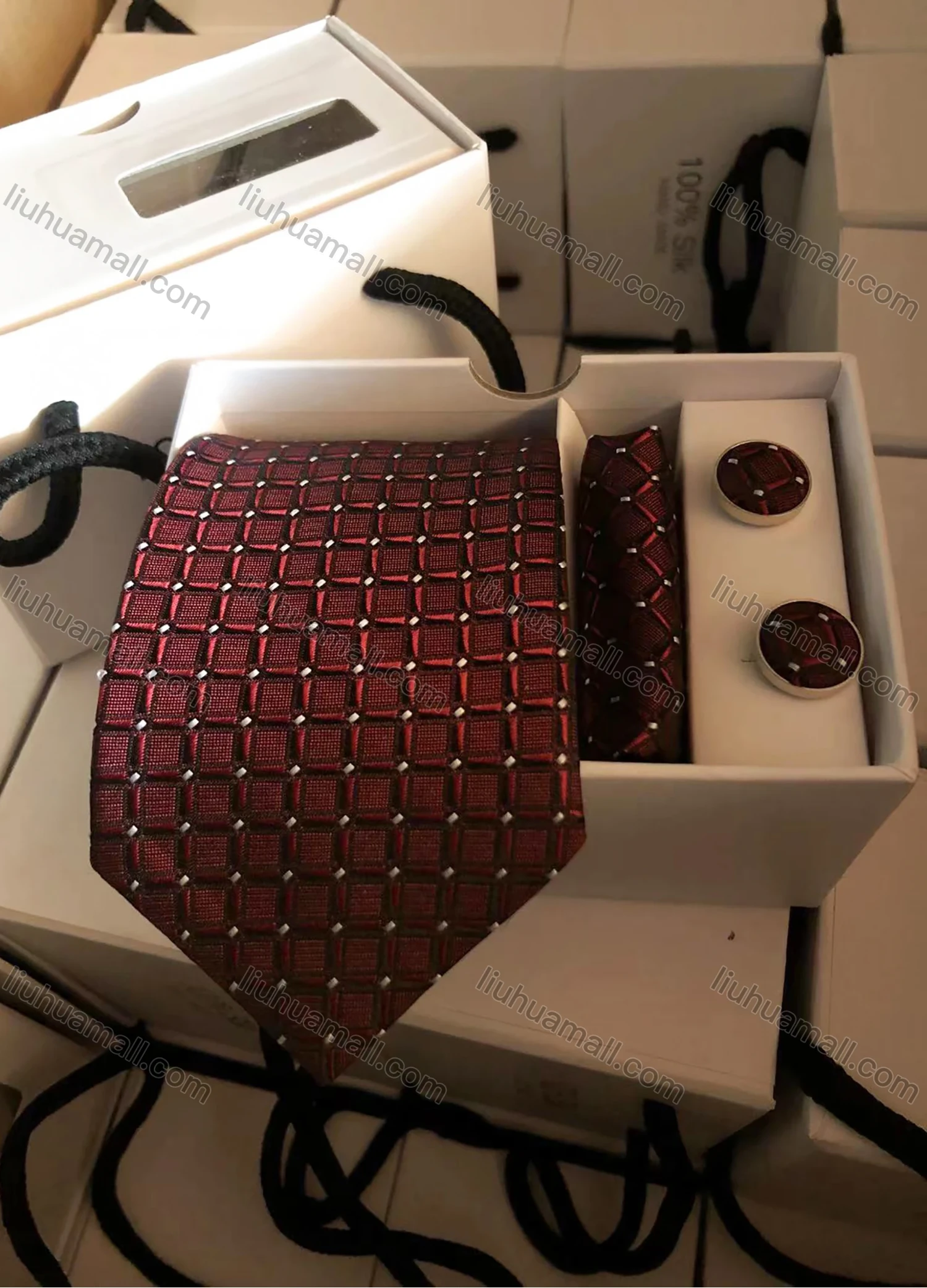 Wholesale Men's Business Plaid Tie & Pocket Square & Pair Cufflinks Sets - Liuhuamall