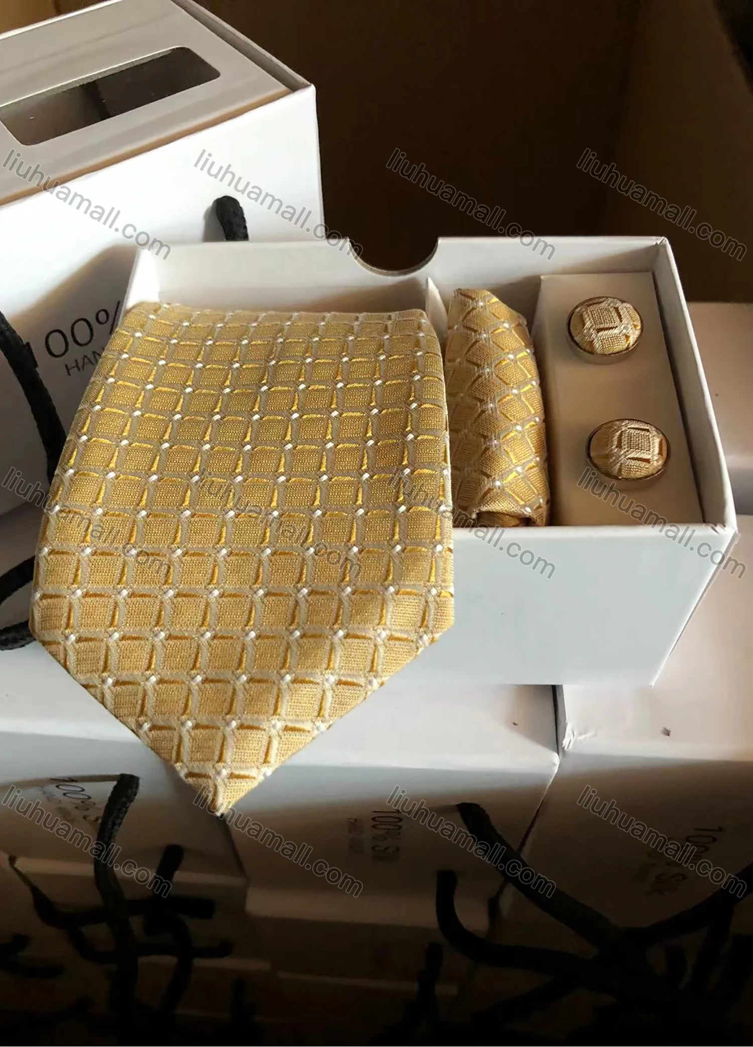 Wholesale Men's Business Plaid Tie & Pocket Square & Pair Cufflinks Sets - Liuhuamall