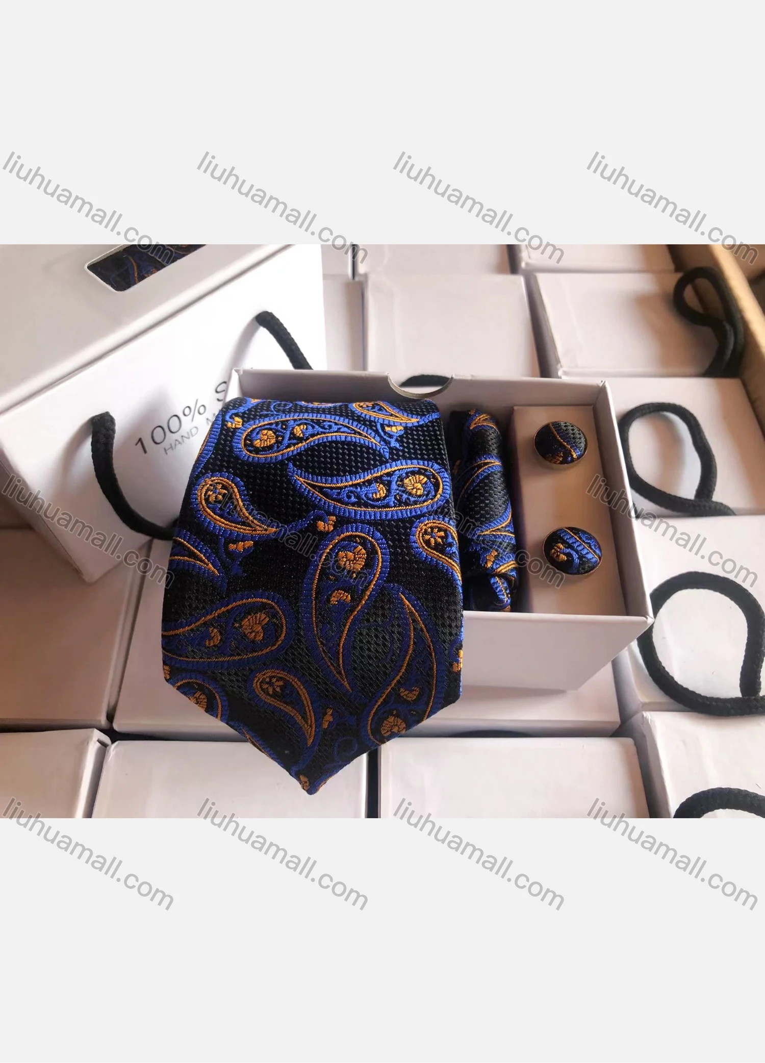 Wholesale Men's Fashion Paisley Embroidery Tie & Pocket Square & Pair Cufflinks Sets - Liuhuamall