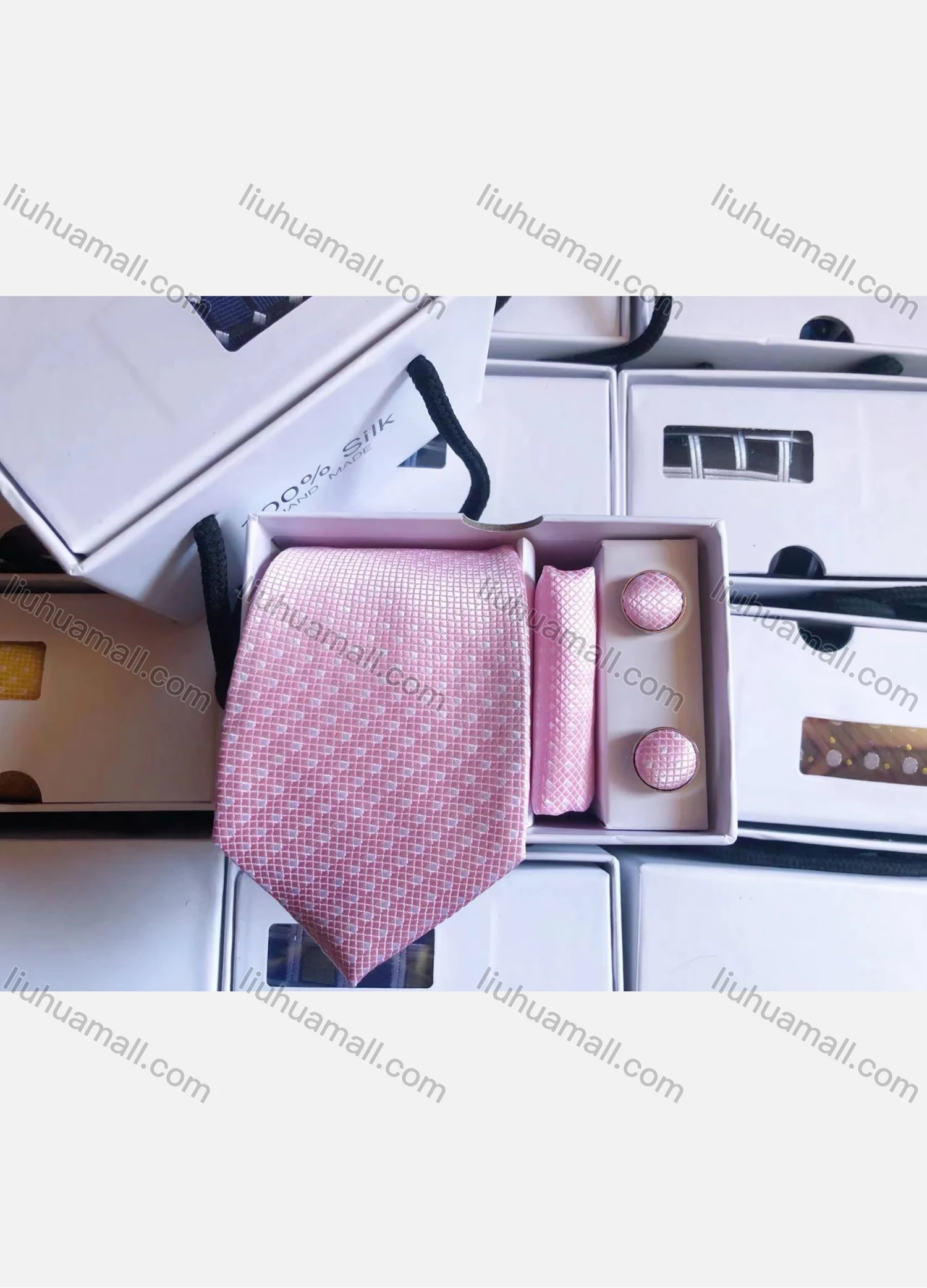Wholesale Men's Formal Mini Plaid Tie & Pocket Square & Pair Cufflinks Sets - Liuhuamall