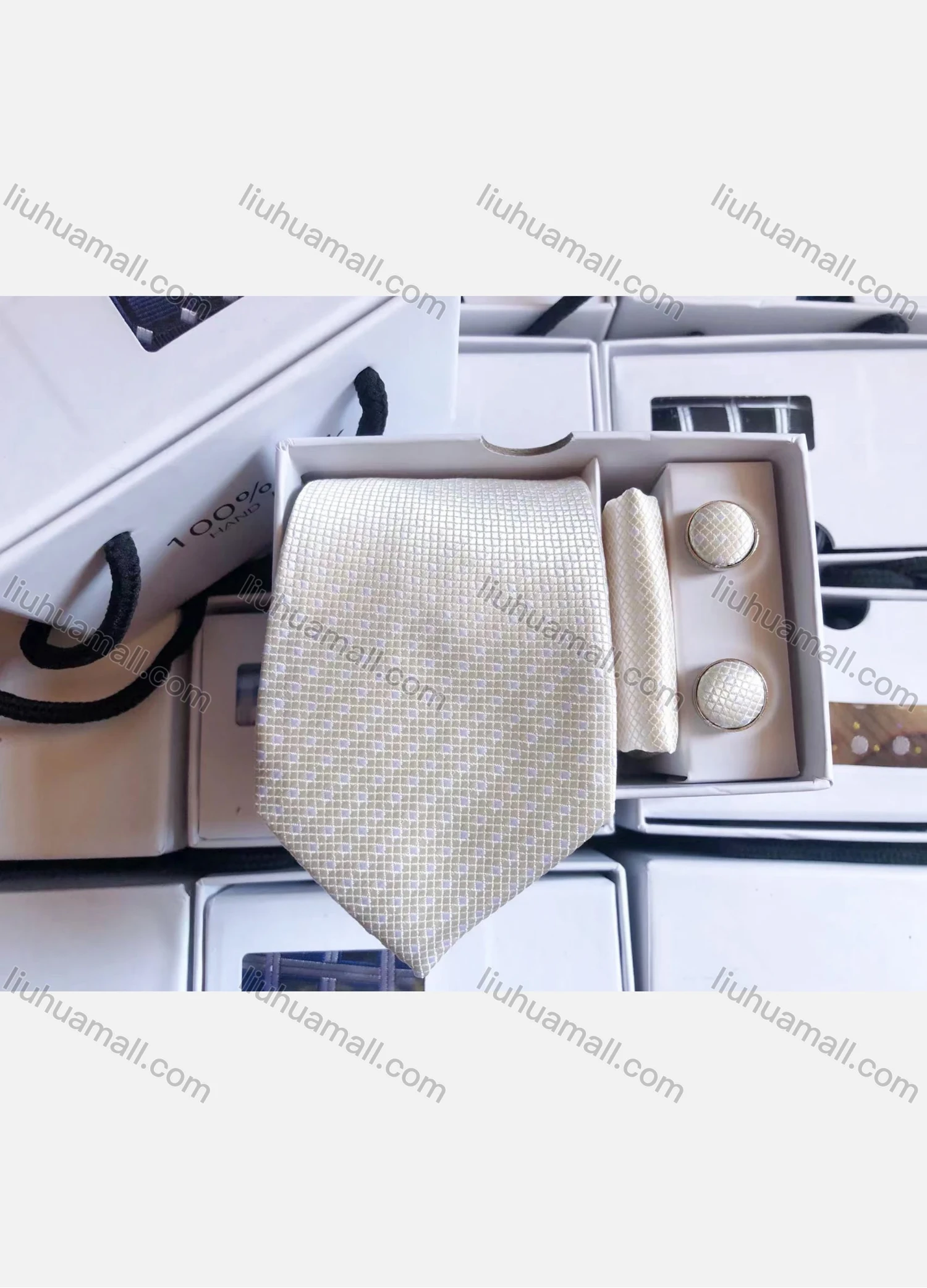 Wholesale Men's Formal Mini Plaid Tie & Pocket Square & Pair Cufflinks Sets - Liuhuamall