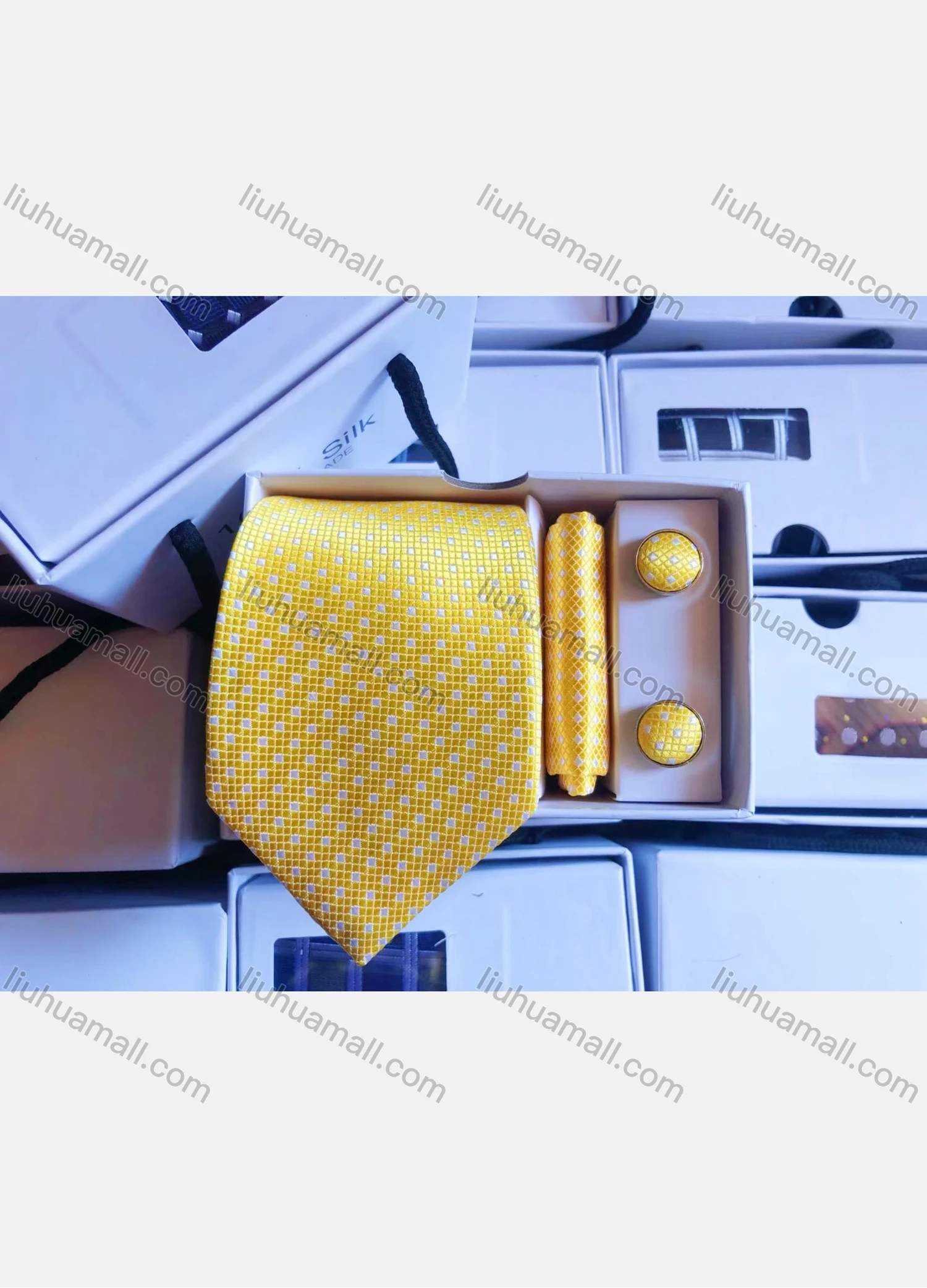 Wholesale Men's Formal Mini Plaid Tie & Pocket Square & Pair Cufflinks Sets - Liuhuamall