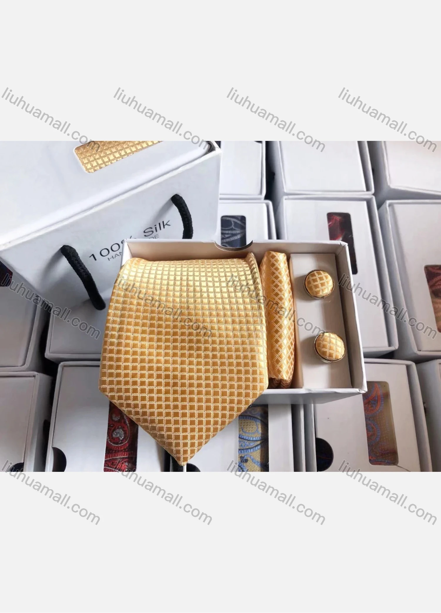 Wholesale Men's Fashion Plaid Tie & Pocket Square & Cufflinks Sets - Liuhuamall