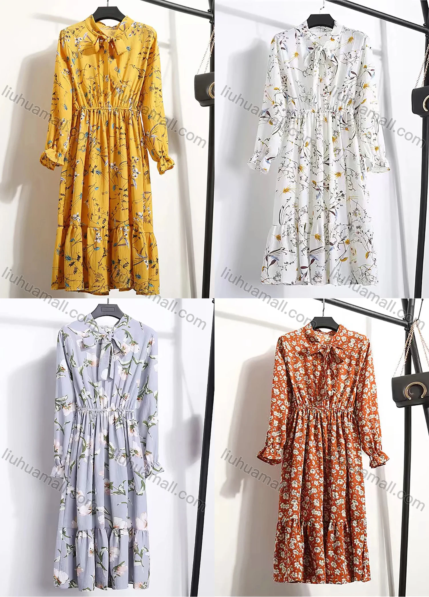 Wholesale Women's Casual Long Sleeve Tie Front Floral Print Ruffle Hem Chiffon Midi Dress 8010# - Liuhuamall