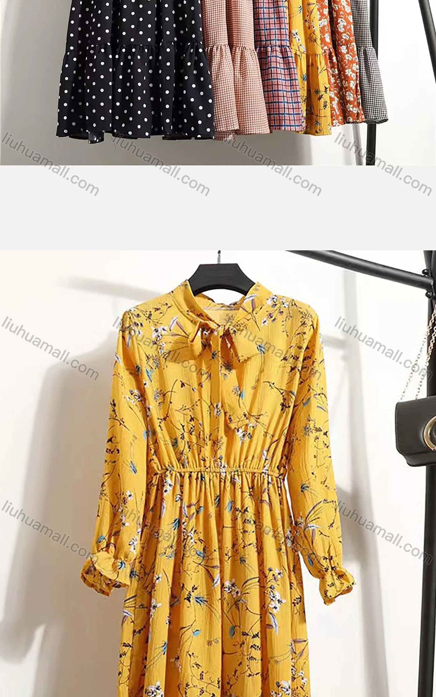 Wholesale Women's Casual Long Sleeve Tie Front Floral Print Ruffle Hem Chiffon Midi Dress 8010# - Liuhuamall