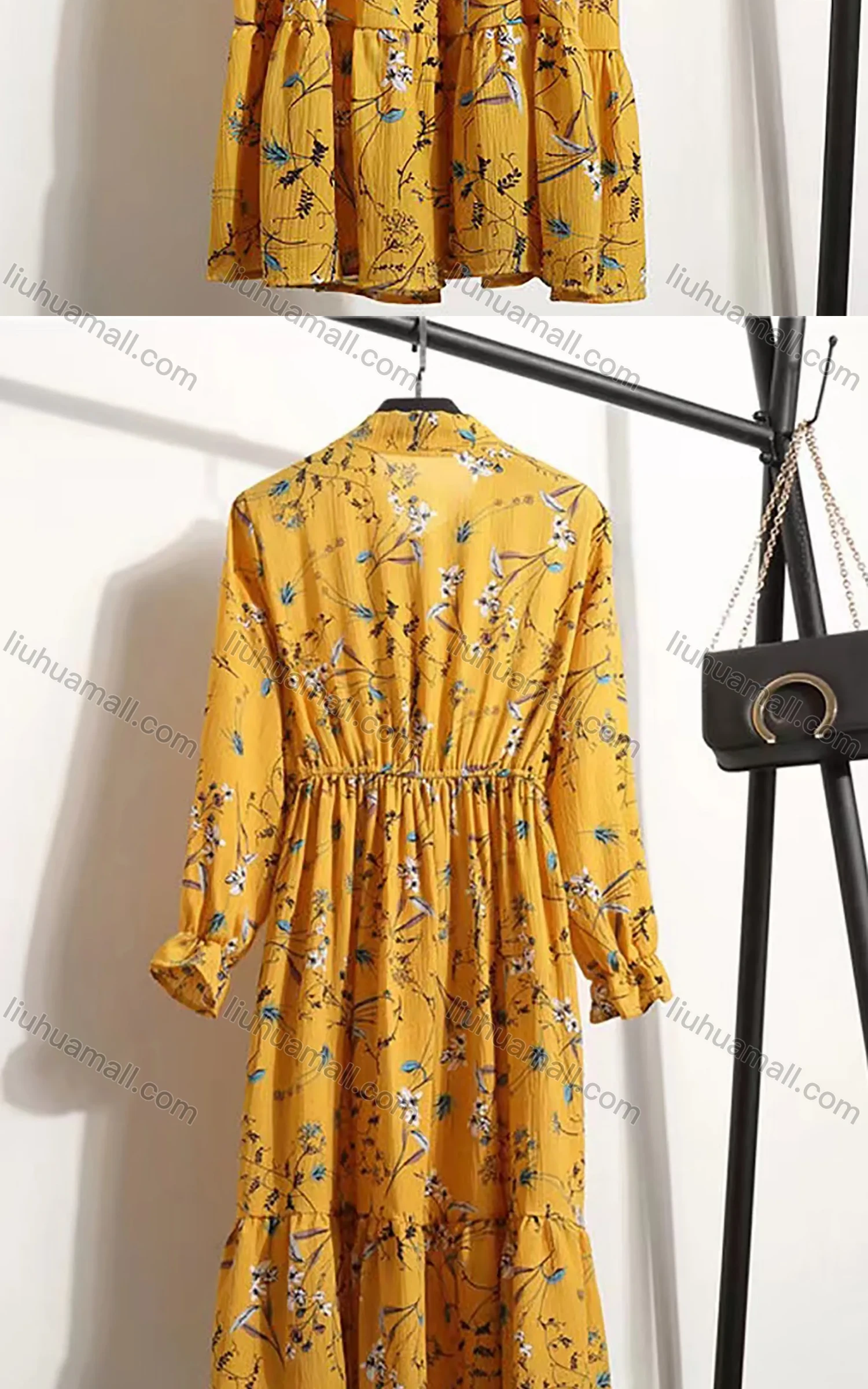 Wholesale Women's Casual Long Sleeve Tie Front Floral Print Ruffle Hem Chiffon Midi Dress 8010# - Liuhuamall