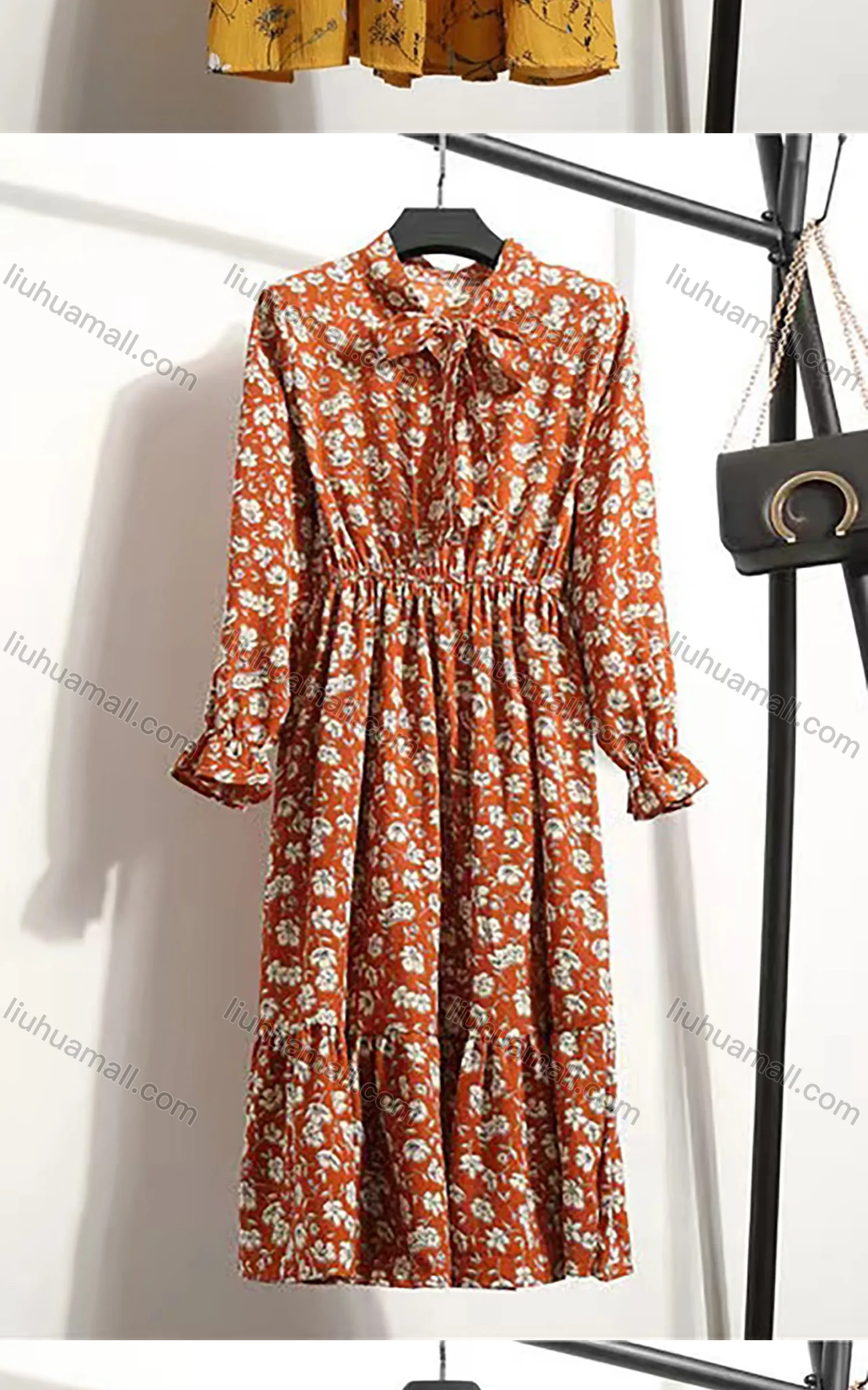 Wholesale Women's Casual Long Sleeve Tie Front Floral Print Ruffle Hem Chiffon Midi Dress 8010# - Liuhuamall