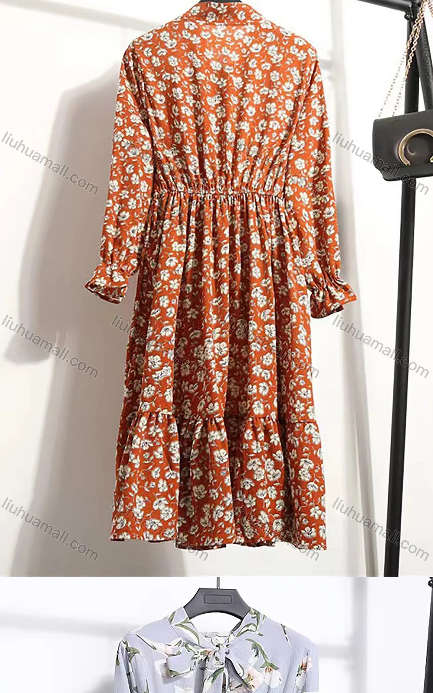 Wholesale Women's Casual Long Sleeve Tie Front Floral Print Ruffle Hem Chiffon Midi Dress 8010# - Liuhuamall