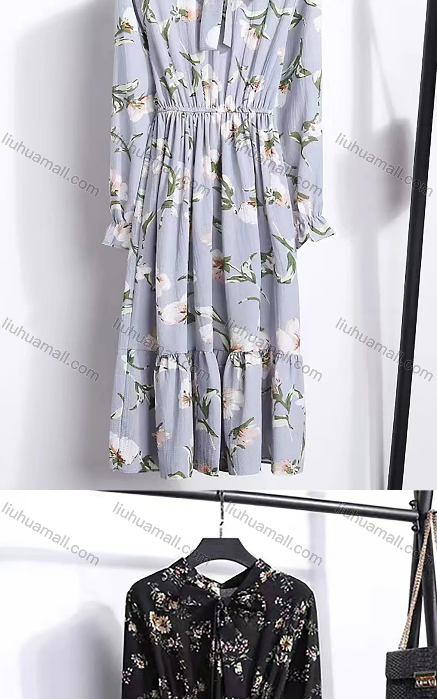Wholesale Women's Casual Long Sleeve Tie Front Floral Print Ruffle Hem Chiffon Midi Dress 8010# - Liuhuamall