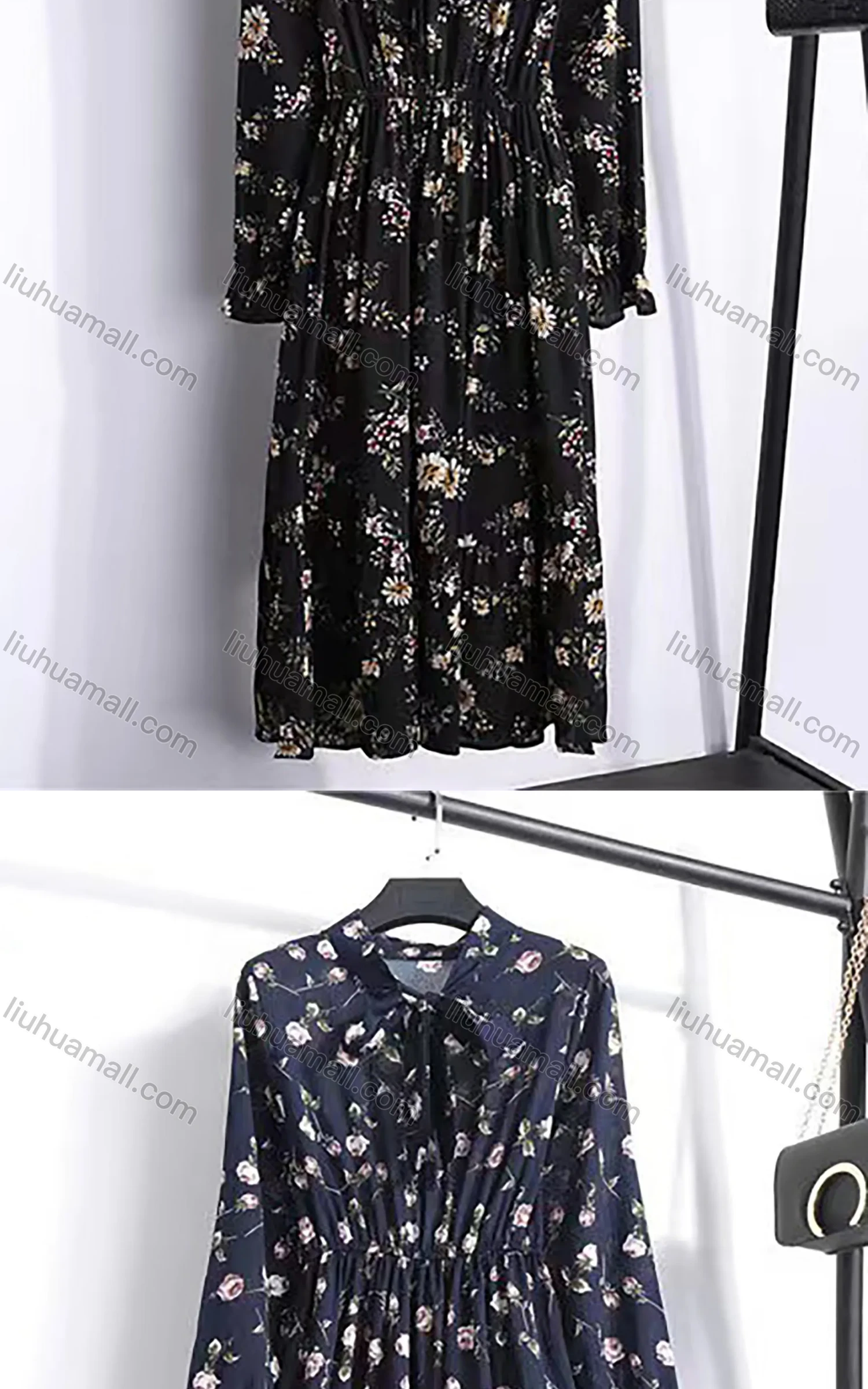 Wholesale Women's Casual Long Sleeve Tie Front Floral Print Ruffle Hem Chiffon Midi Dress 8010# - Liuhuamall