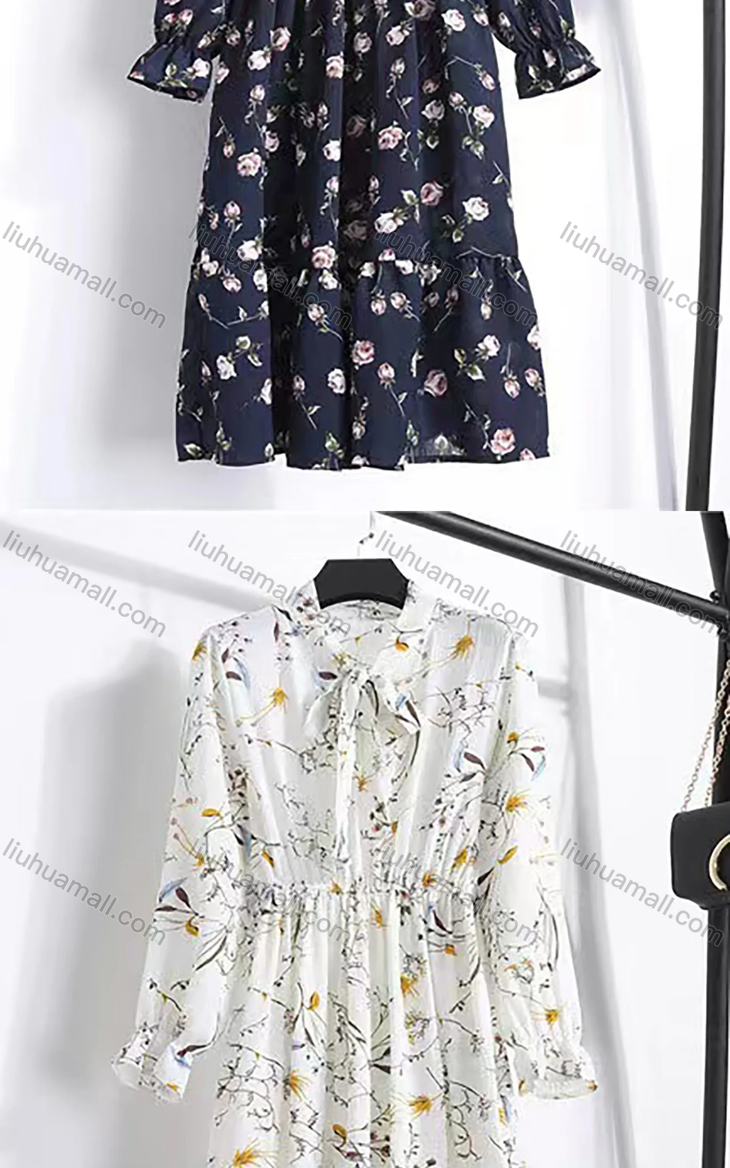 Wholesale Women's Casual Long Sleeve Tie Front Floral Print Ruffle Hem Chiffon Midi Dress 8010# - Liuhuamall