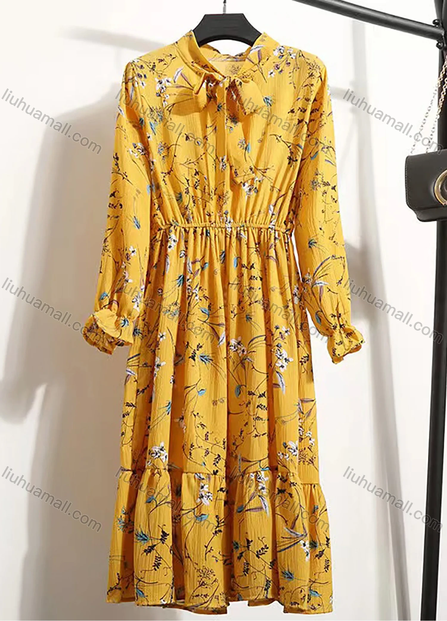 Wholesale Women's Casual Long Sleeve Tie Front Floral Print Ruffle Hem Chiffon Midi Dress 8010# - Liuhuamall
