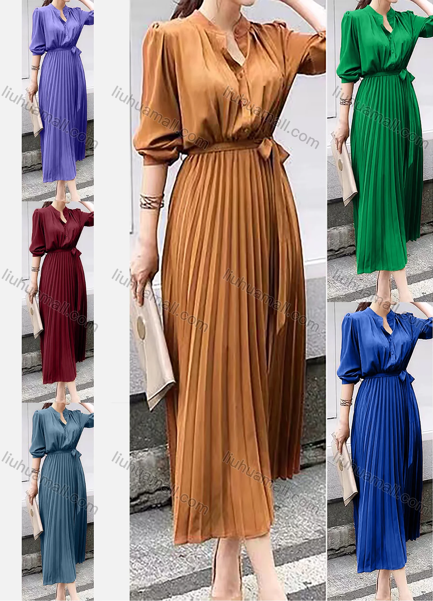 Wholesale Women's Casual 3/4 Sleeve Stand Collar Button Pleated Hem Plain Midi Dress - Liuhuamall
