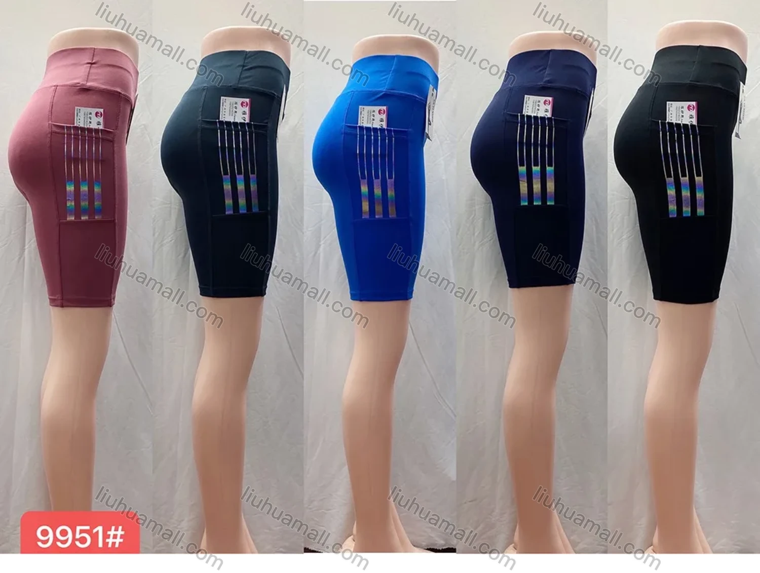 Wholesale Women's Sporty High Waist Side Reflective Stripes Biker Short 9951# - Liuhuamall