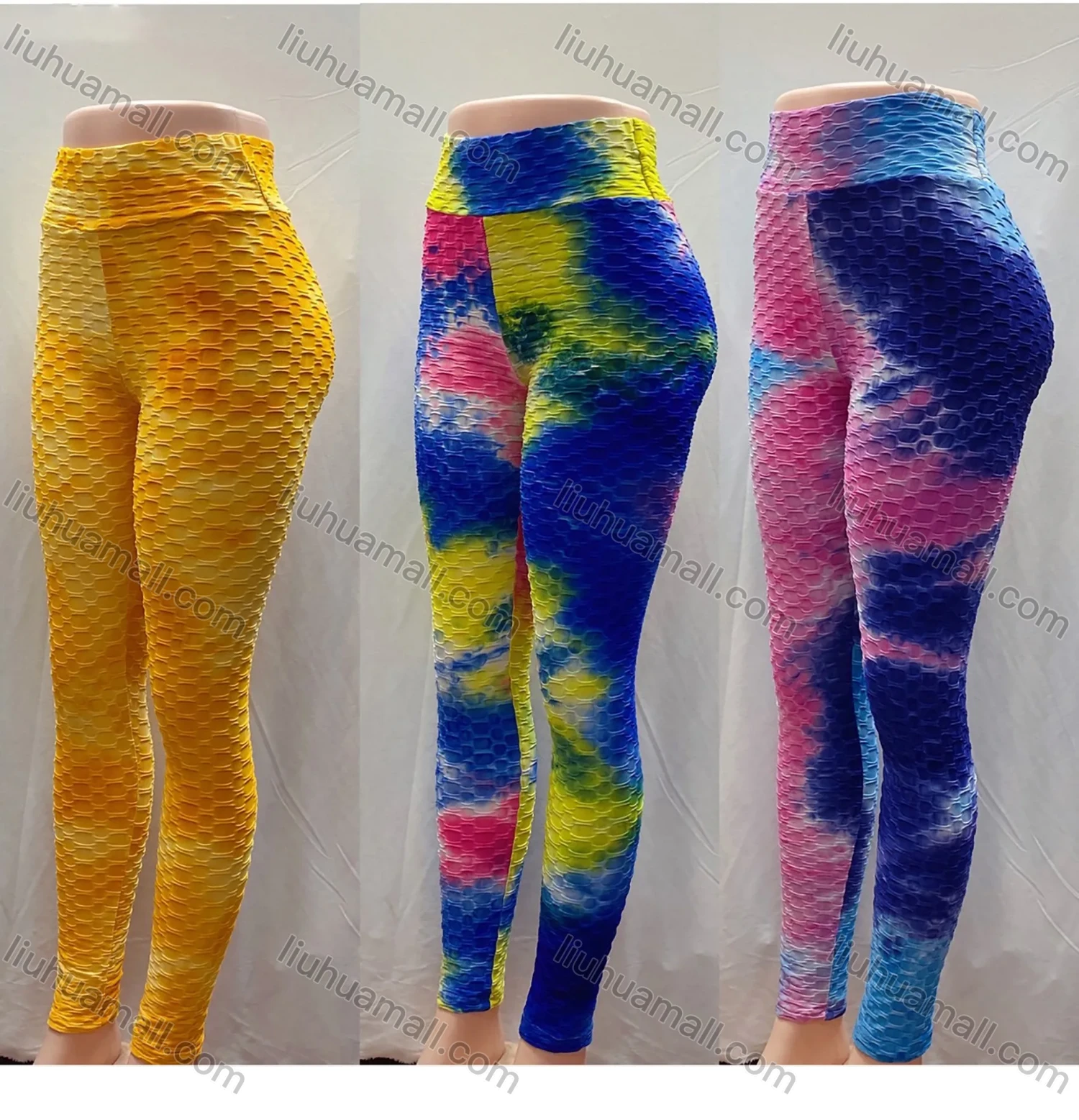Wholesale Women's Sporty High Waist Honeycomb Texture Tie Dye Ankle Length Leggings - Liuhuamall