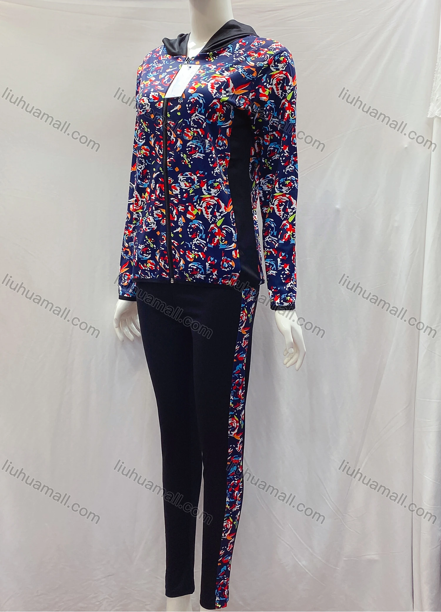 Wholesale Women's Casual Retro Print Long Sleeve Zipper Hooded Jacket&Pants Sets - Liuhuamall