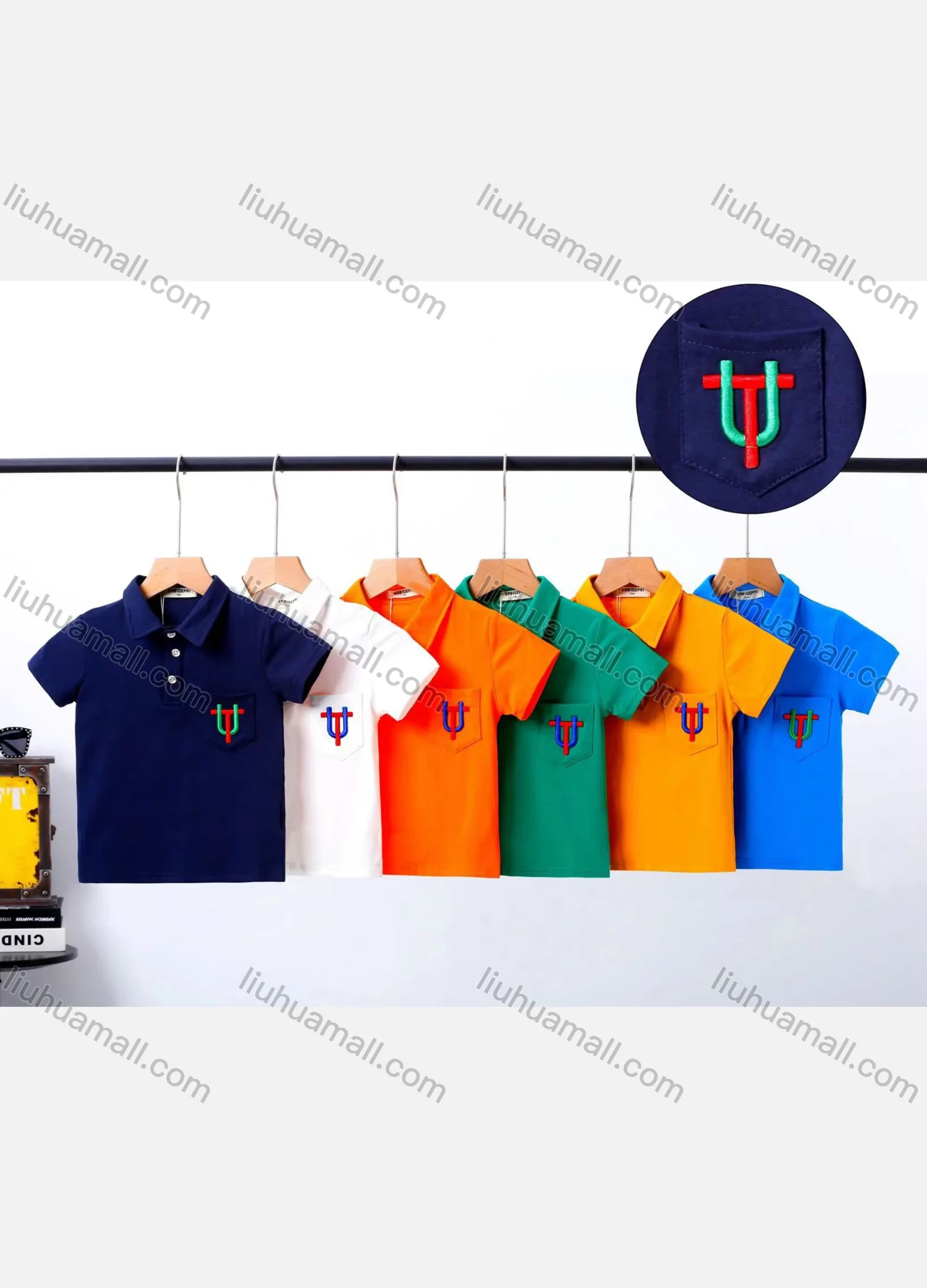 Wholesale Boys Short Sleeve Embroidery Letter Patch Pocket Plain Polo Shirt 1112# - Liuhuamall