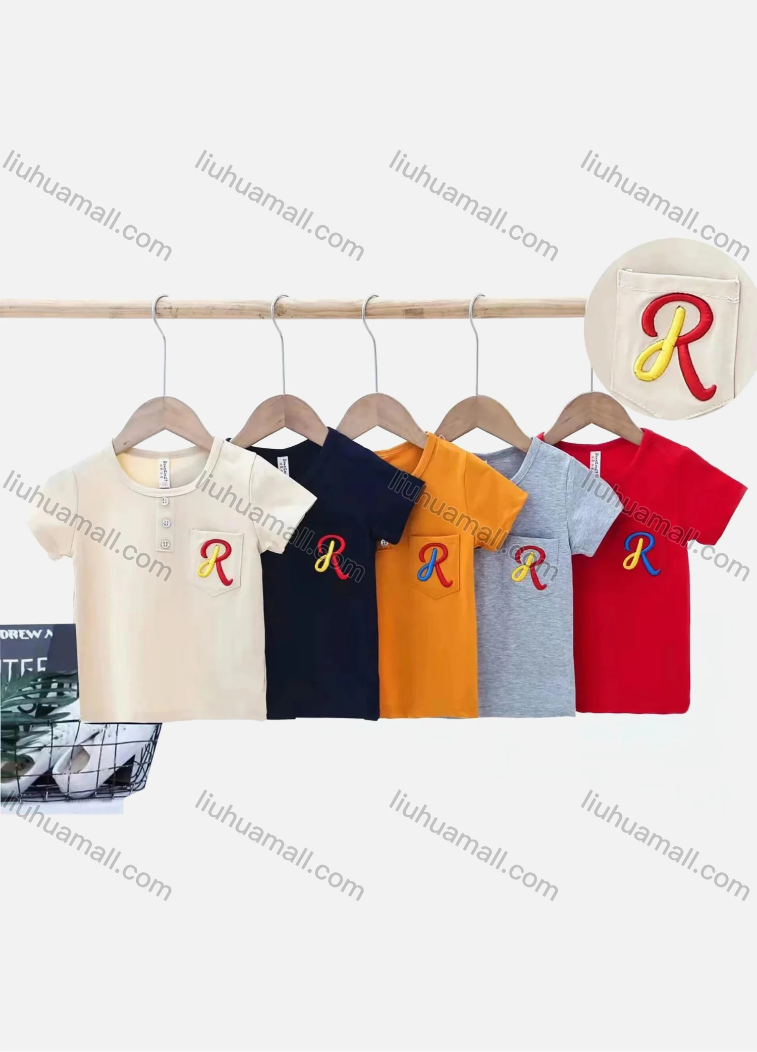 Wholesale Boys Embroidery Letter Patch Pocket Round Neck Short Sleeve Button Decor T-shirt 6137# - Liuhuamall