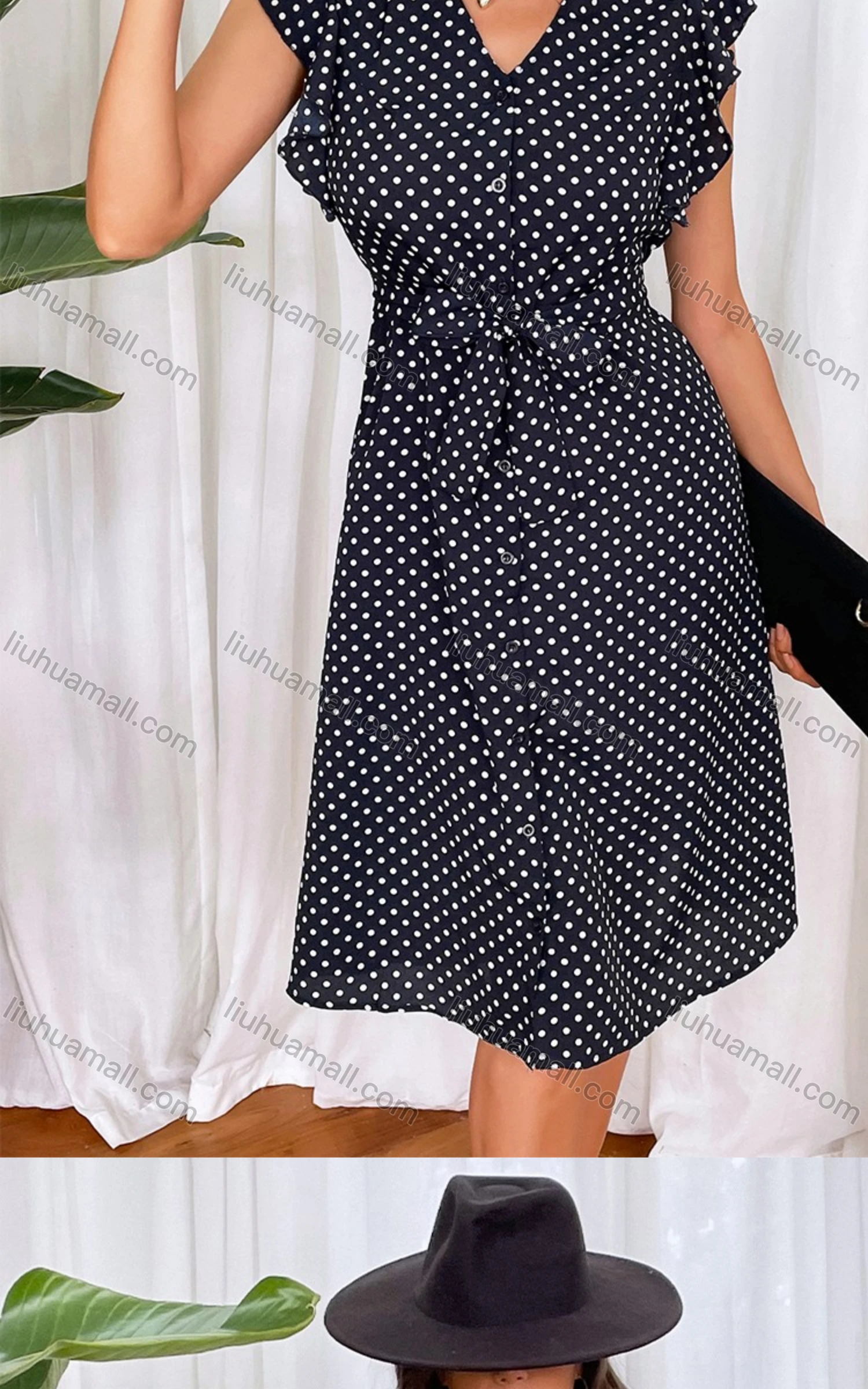 Wholesale Women's Casual Polka Dot Flounce Sleeve V Neck Buttons Down A Line Knee Length Dress With Belt 2258# - Liuhuamall