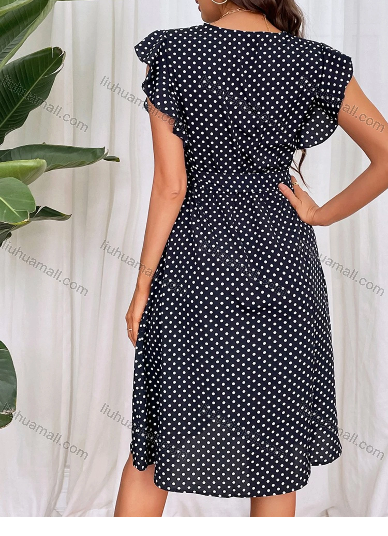 Wholesale Women's Casual Polka Dot Flounce Sleeve V Neck Buttons Down A Line Knee Length Dress With Belt 2258# - Liuhuamall