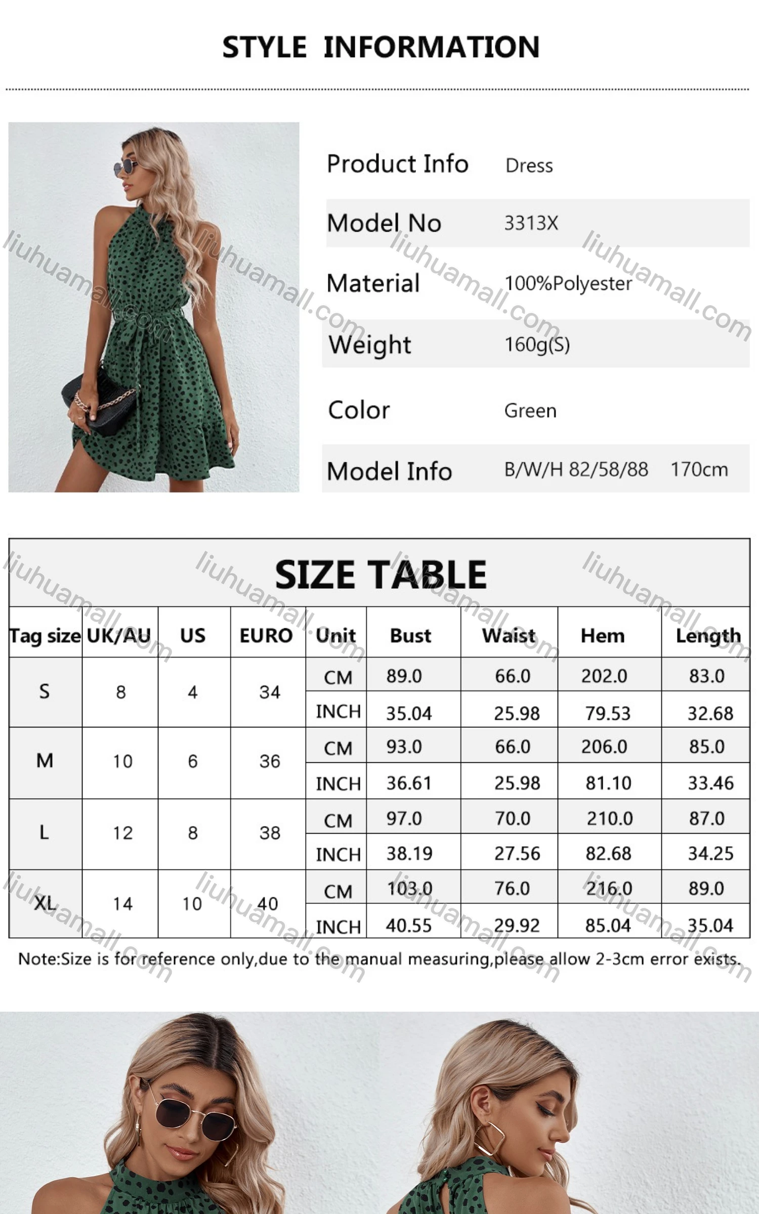 Wholesale Women's Dalmatian Print Lace Up Ruffle Hem Halter Short Dress With Belt 3313X# - Liuhuamall