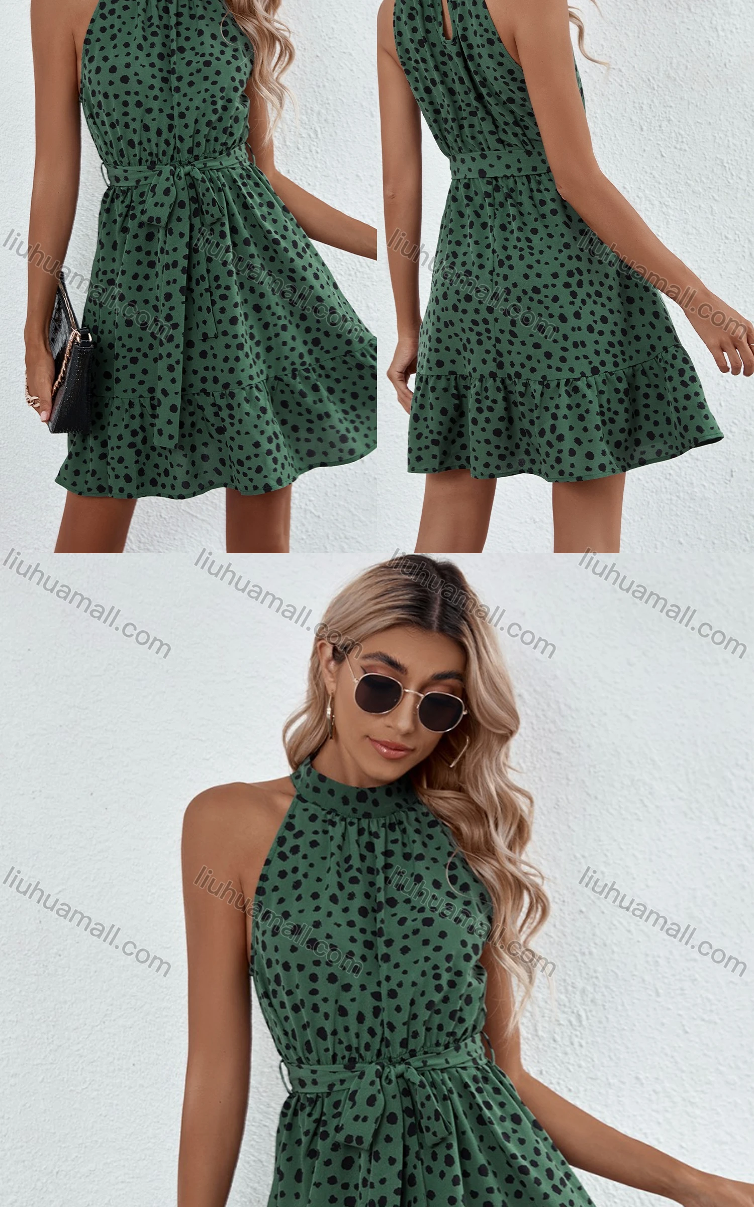 Wholesale Women's Dalmatian Print Lace Up Ruffle Hem Halter Short Dress With Belt 3313X# - Liuhuamall