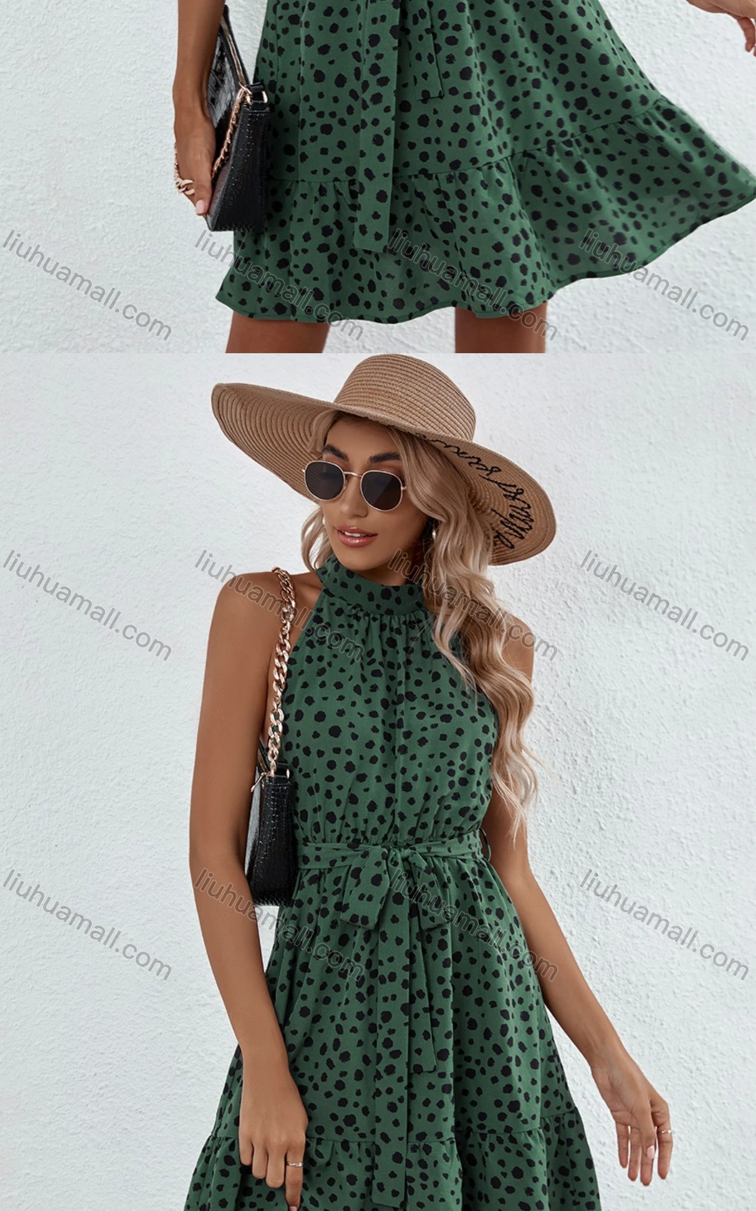 Wholesale Women's Dalmatian Print Lace Up Ruffle Hem Halter Short Dress With Belt 3313X# - Liuhuamall