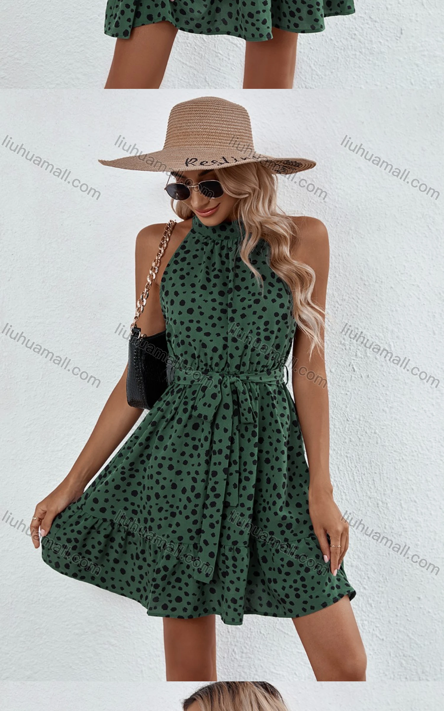 Wholesale Women's Dalmatian Print Lace Up Ruffle Hem Halter Short Dress With Belt 3313X# - Liuhuamall