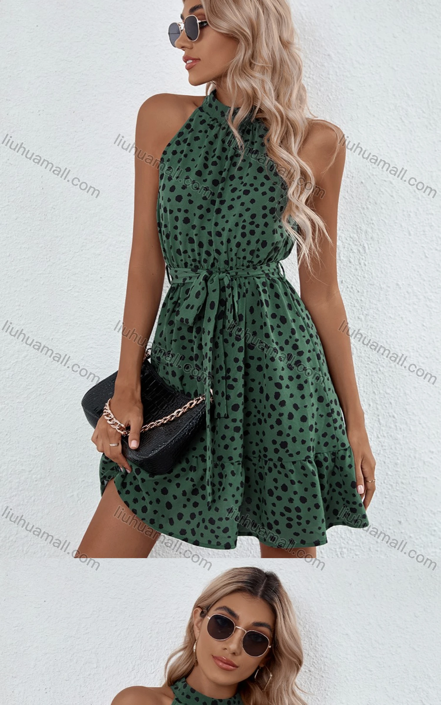Wholesale Women's Dalmatian Print Lace Up Ruffle Hem Halter Short Dress With Belt 3313X# - Liuhuamall
