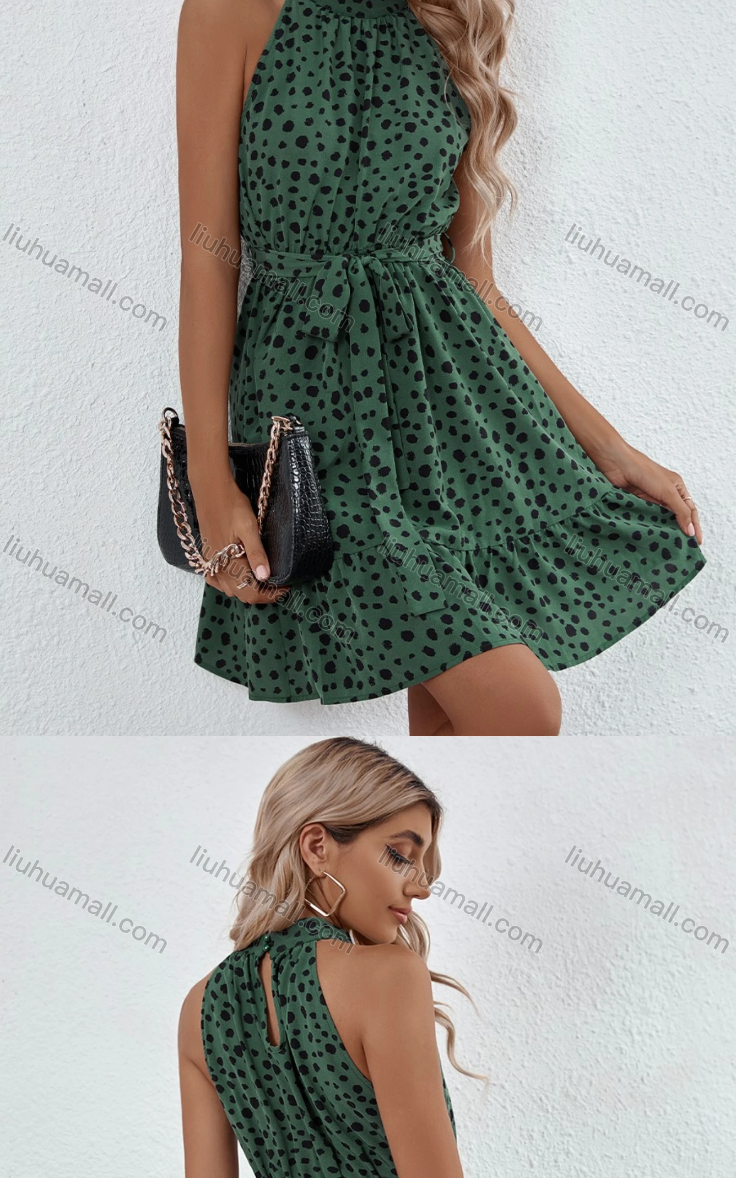 Wholesale Women's Dalmatian Print Lace Up Ruffle Hem Halter Short Dress With Belt 3313X# - Liuhuamall