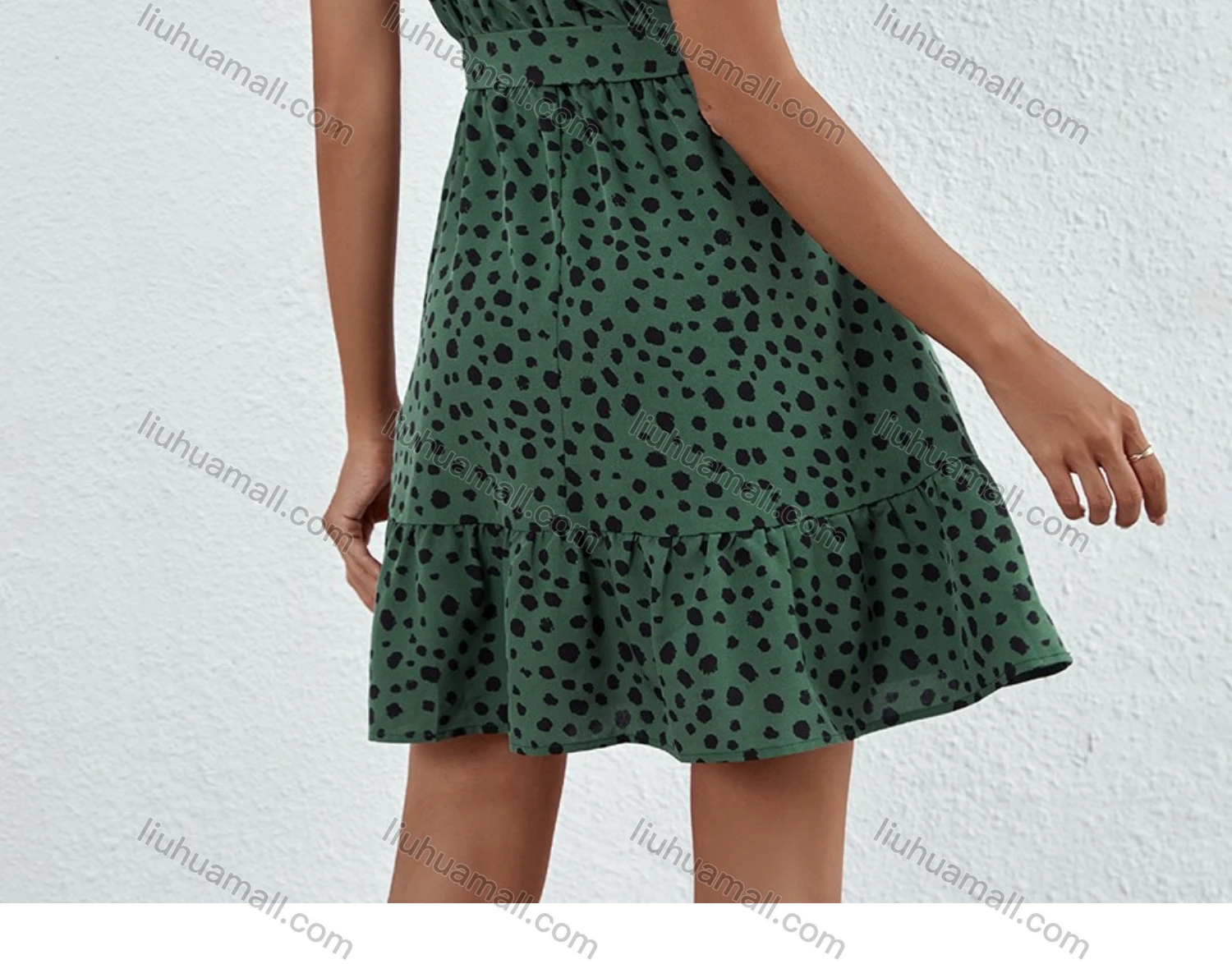 Wholesale Women's Dalmatian Print Lace Up Ruffle Hem Halter Short Dress With Belt 3313X# - Liuhuamall