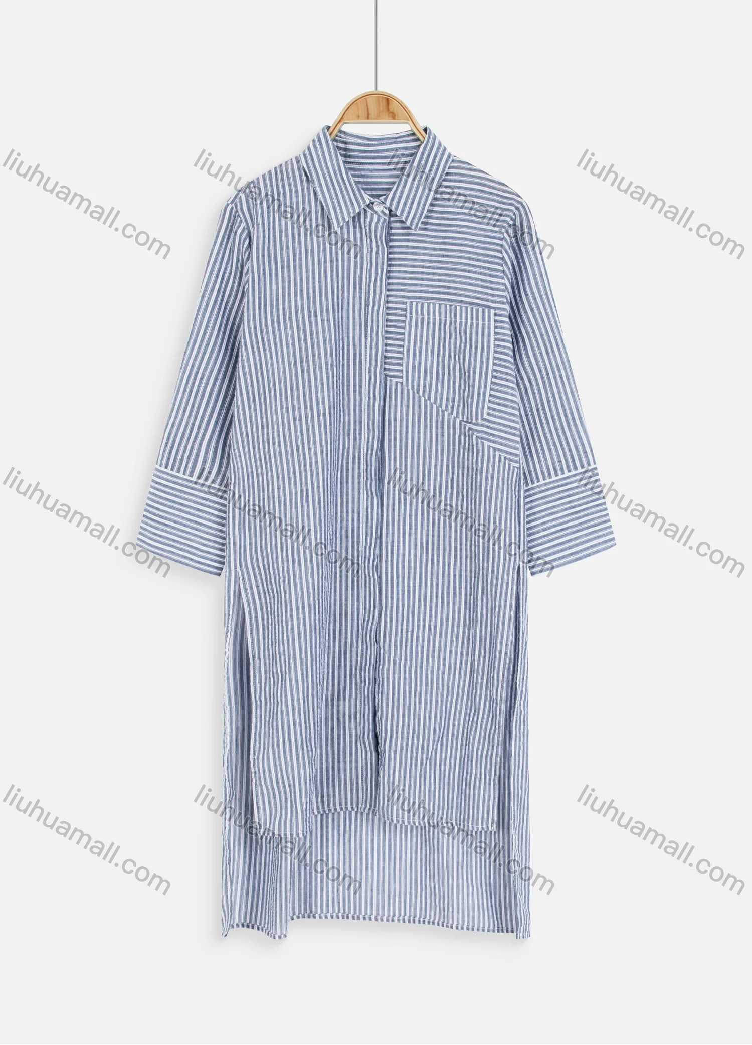 Wholesale Women's Casual Long Sleeve Button Down Side Slit Striped Shirt Dress - Liuhuamall