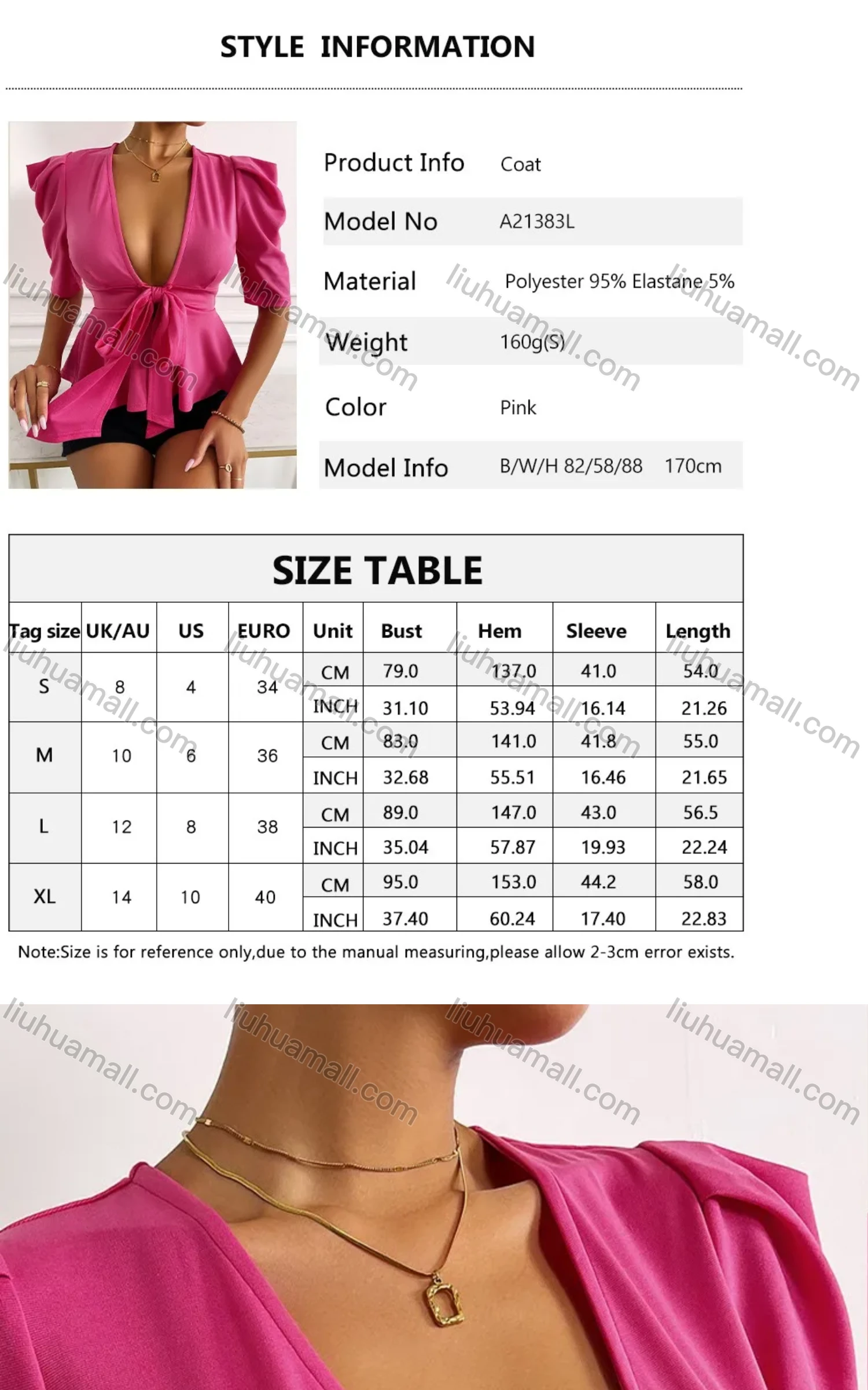 Wholesale Women's Sexy Plain Slim Fit Puff Sleeve Deep V-Neck Bow Knot Ruffle Hem Blouse A21383L# - Liuhuamall