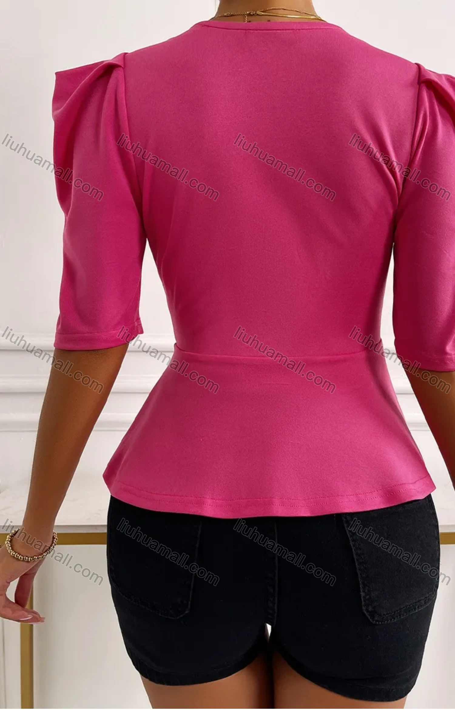 Wholesale Women's Sexy Plain Slim Fit Puff Sleeve Deep V-Neck Bow Knot Ruffle Hem Blouse A21383L# - Liuhuamall