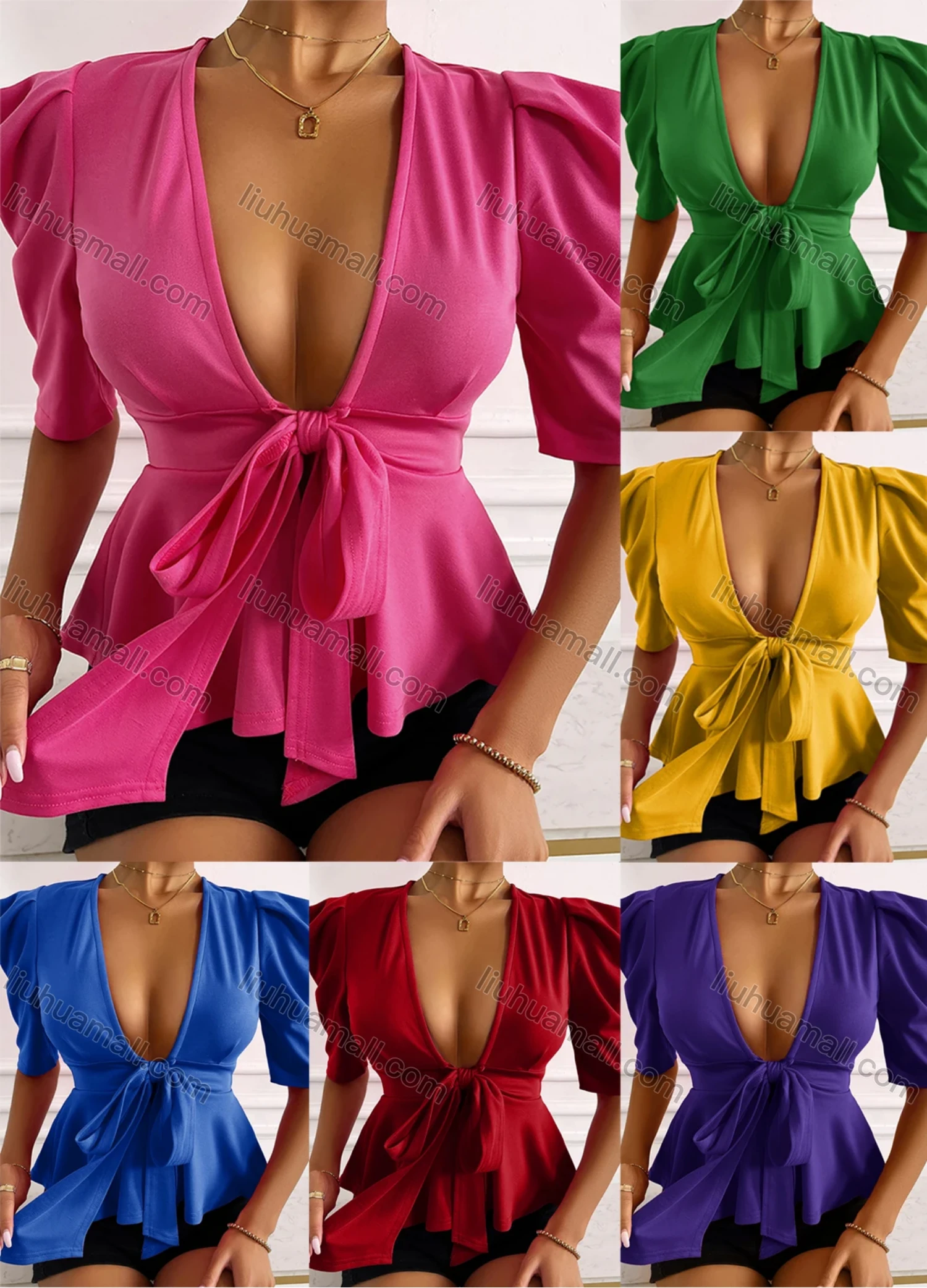 Wholesale Women's Sexy Plain Slim Fit Puff Sleeve Deep V-Neck Bow Knot Ruffle Hem Blouse A21383L# - Liuhuamall