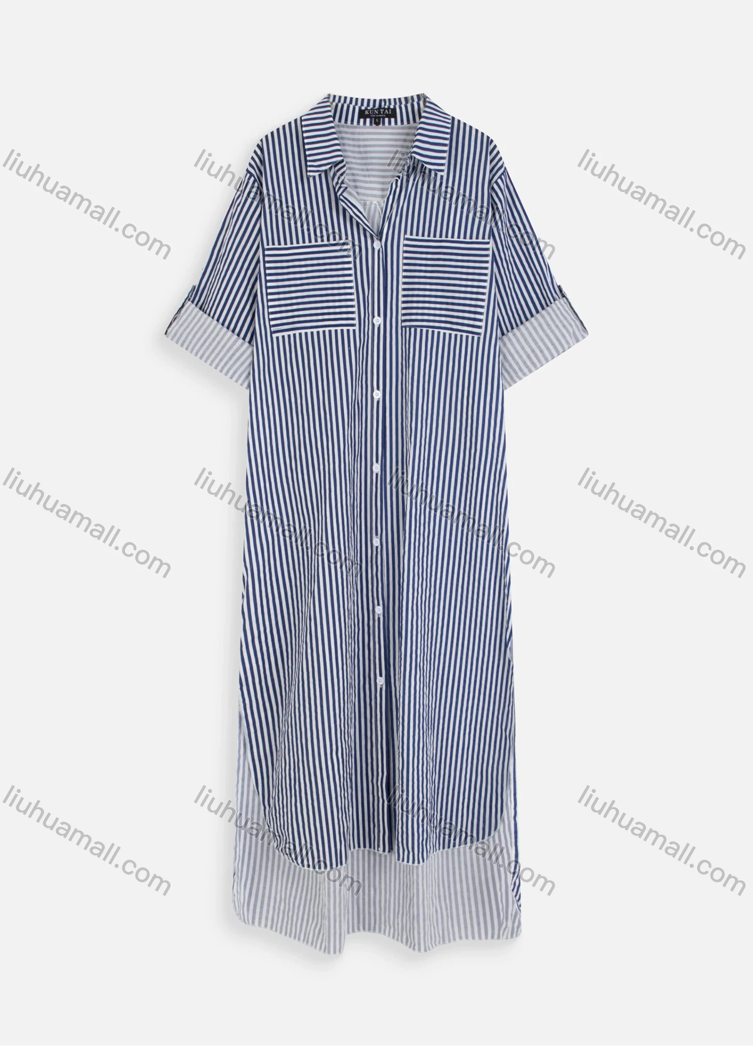 Wholesale Women's Casual Roll Sleeve Button Down Striped High Low Hem Shirt Dress - Liuhuamall