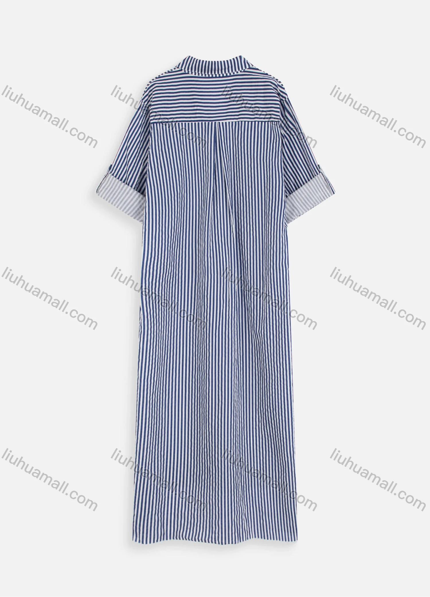 Wholesale Women's Casual Roll Sleeve Button Down Striped High Low Hem Shirt Dress - Liuhuamall