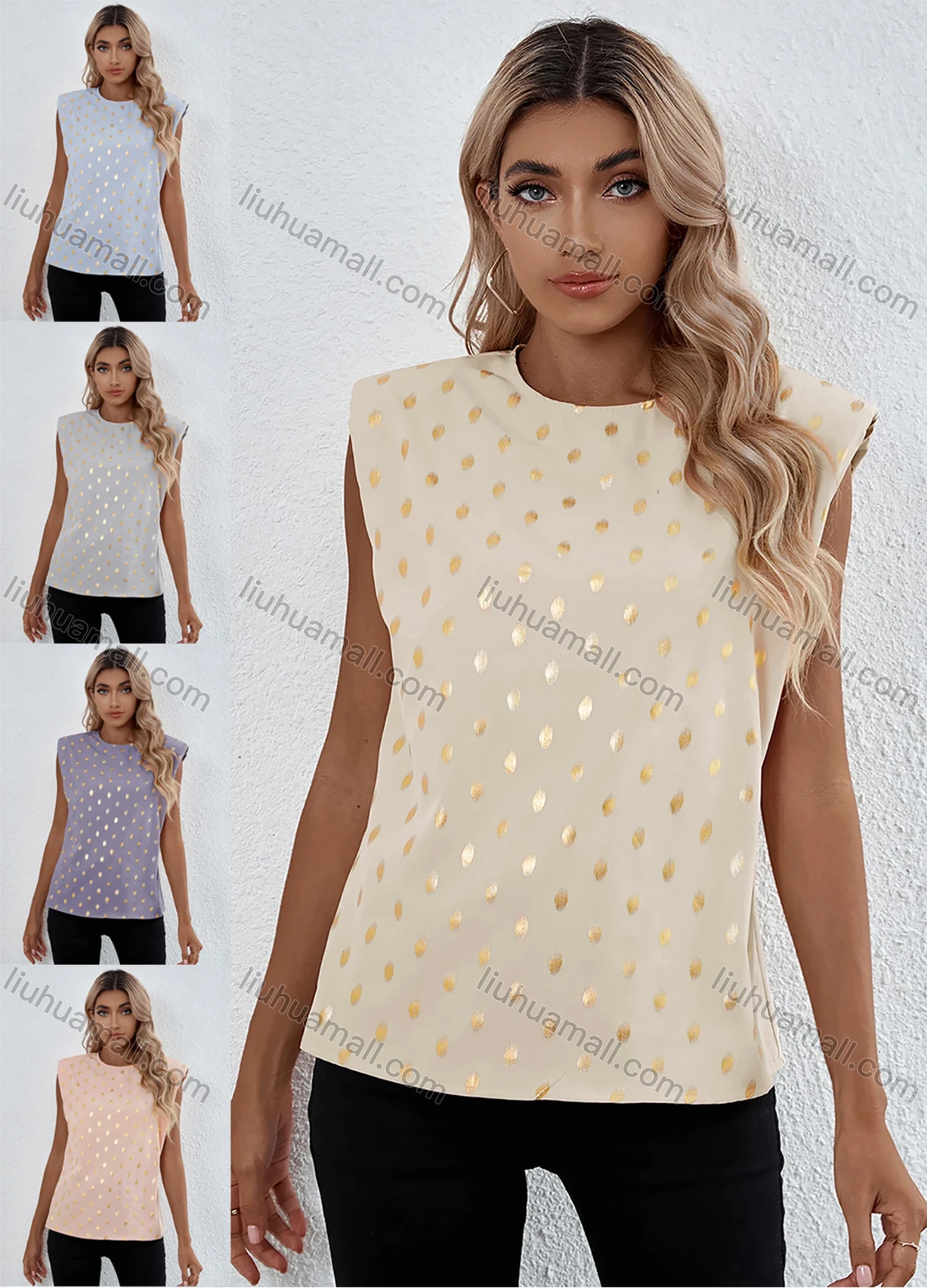Wholesale Women's Casual Polka Dot Round-Neck Sleeveless Blouse B1003# - Liuhuamall