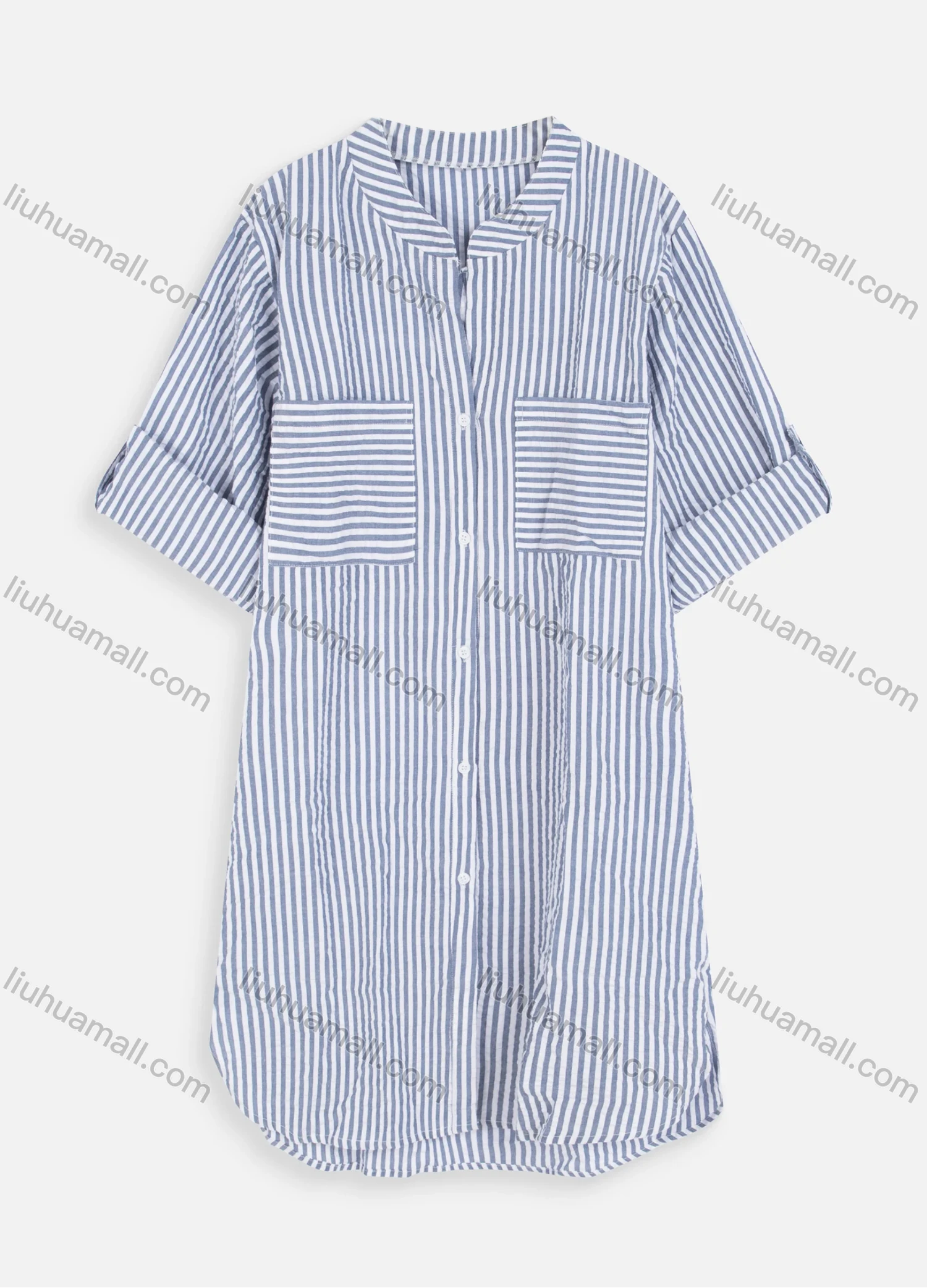 Wholesale Women's Casual Stand Collar Roll Sleeve Button Down Patch Pocket Striped Shirt Dress - Liuhuamall
