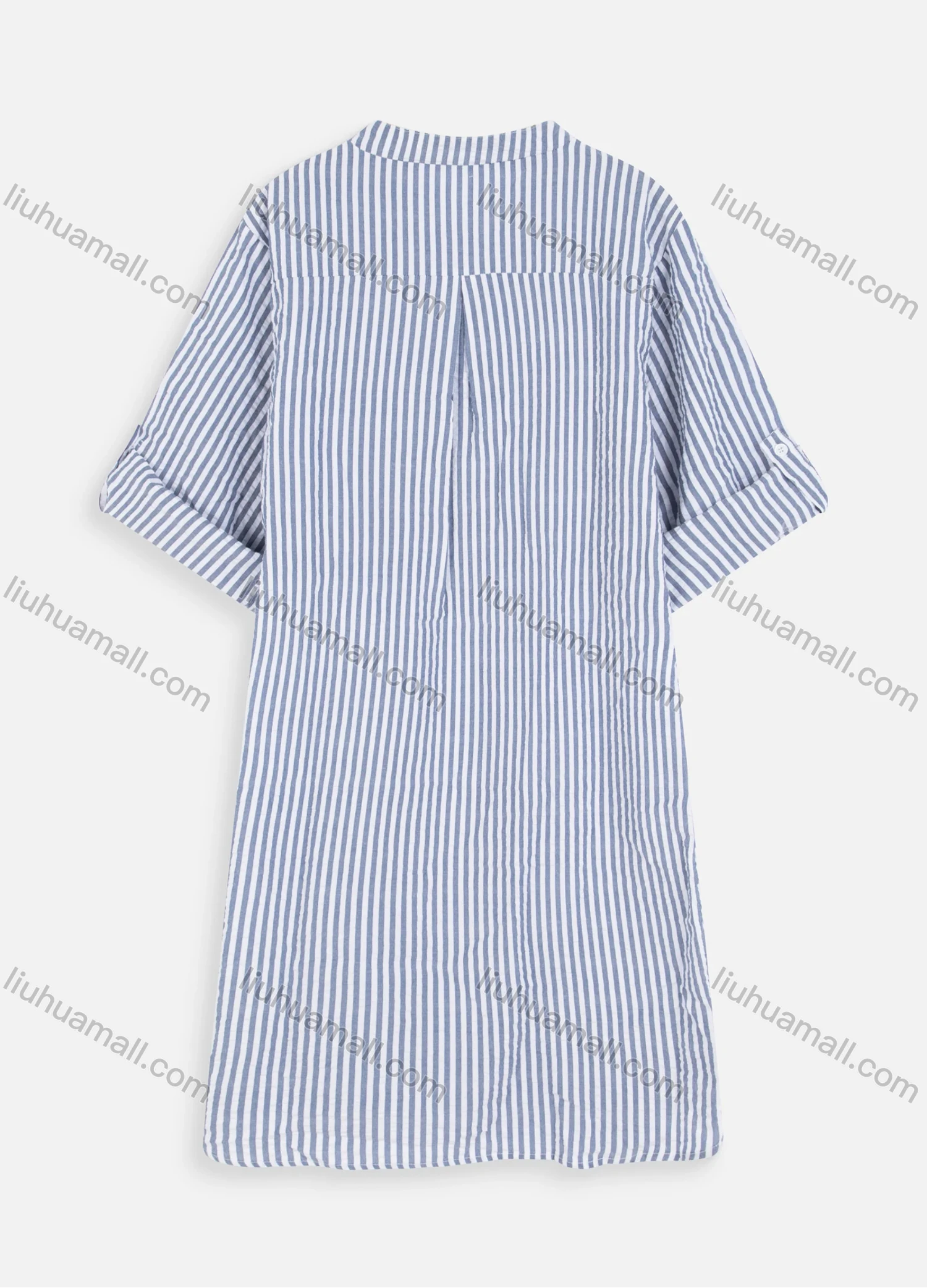 Wholesale Women's Casual Stand Collar Roll Sleeve Button Down Patch Pocket Striped Shirt Dress - Liuhuamall