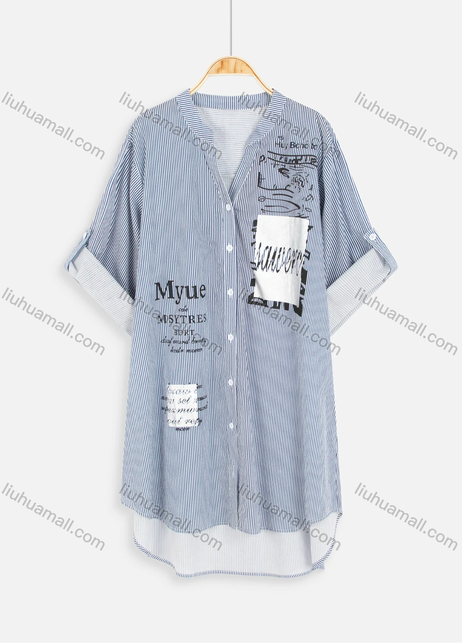 Wholesale Women's Casual Notch Neck Rolled Sleeve Button Down Pattern Striped Shirt Dress - Liuhuamall