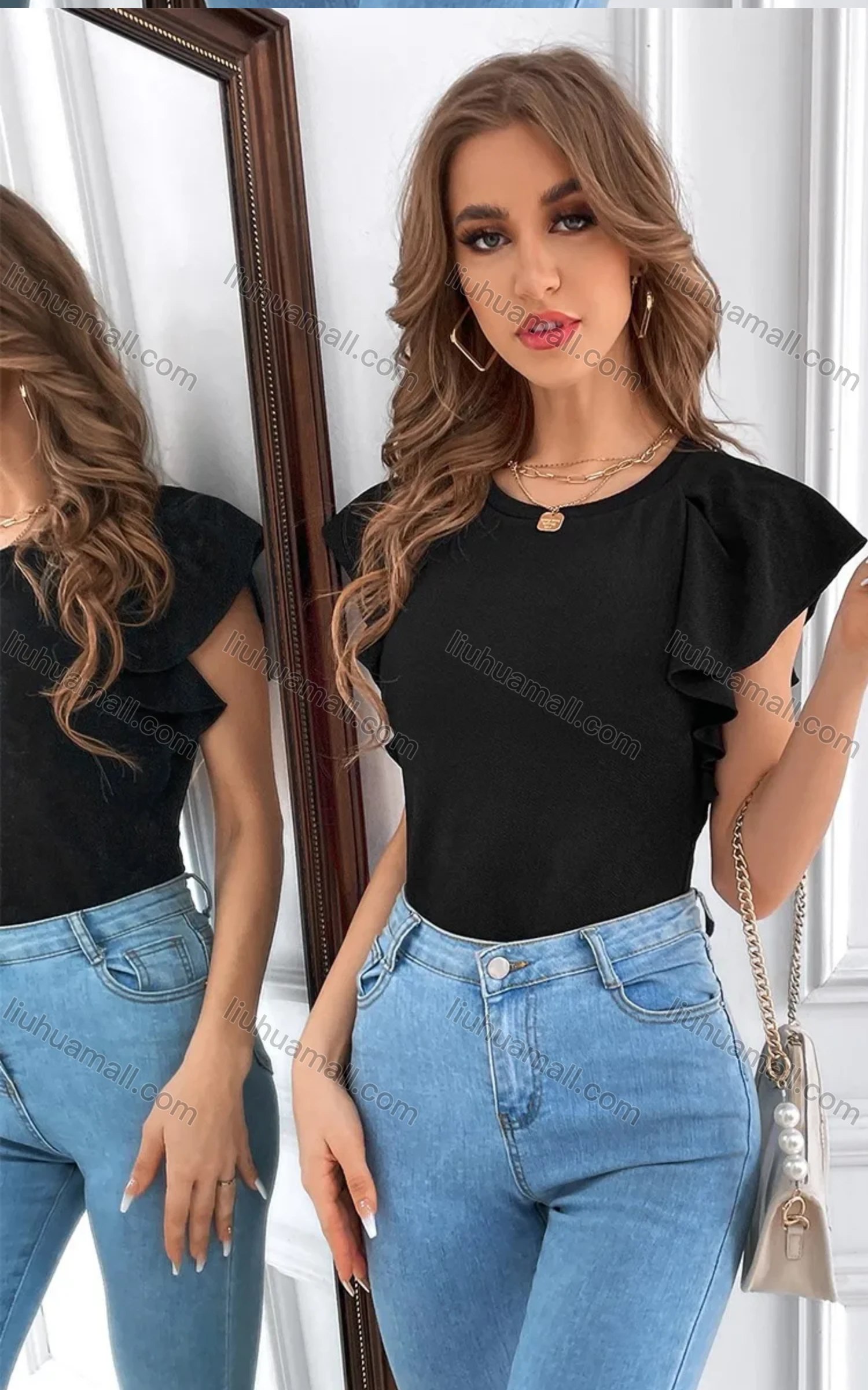 Wholesale Women's Round Neck Ruffle Sleeve Plain Casual Blouse B1006X# - Liuhuamall