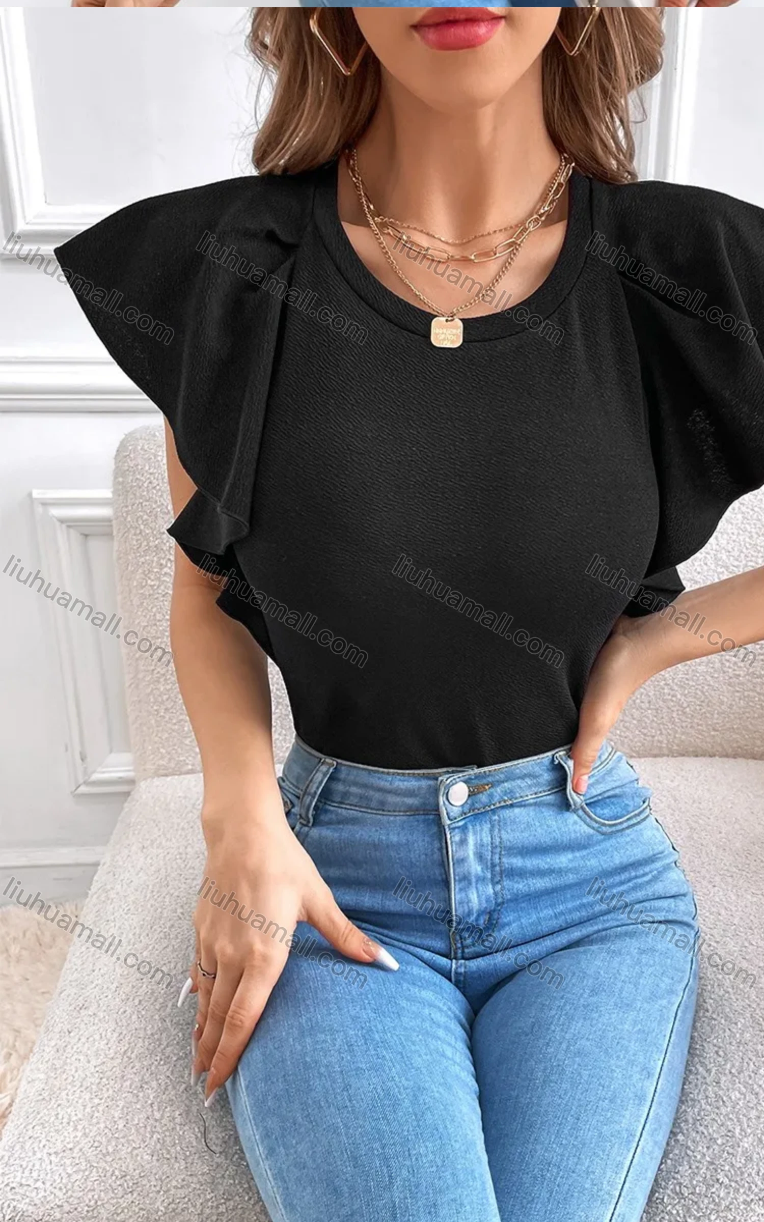 Wholesale Women's Round Neck Ruffle Sleeve Plain Casual Blouse B1006X# - Liuhuamall