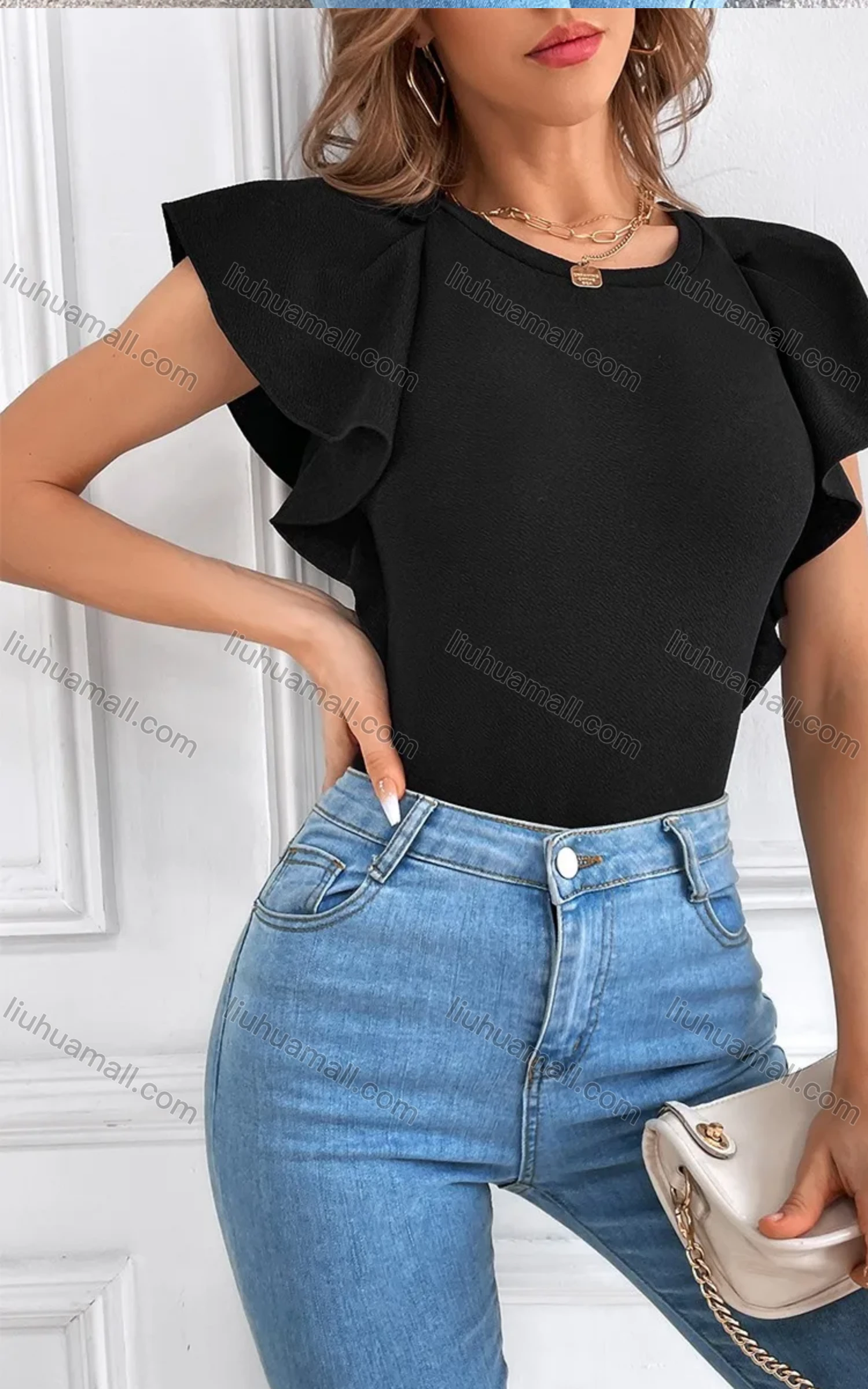 Wholesale Women's Round Neck Ruffle Sleeve Plain Casual Blouse B1006X# - Liuhuamall
