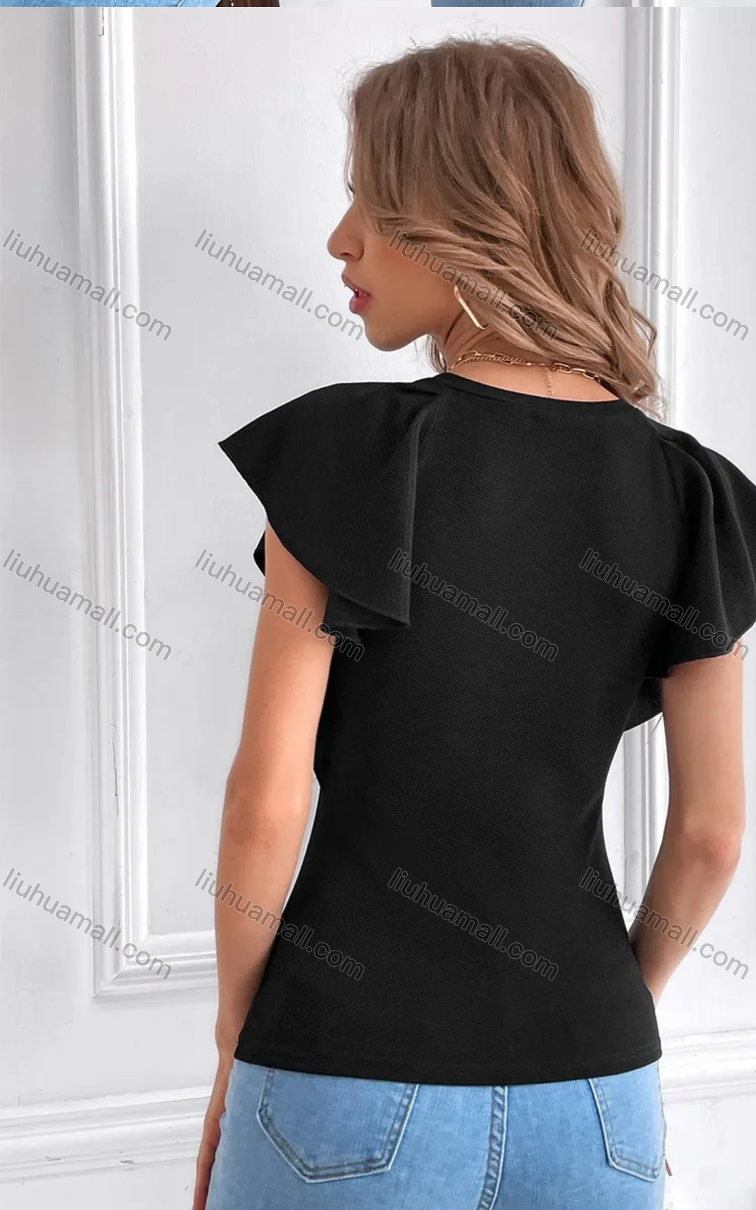 Wholesale Women's Round Neck Ruffle Sleeve Plain Casual Blouse B1006X# - Liuhuamall