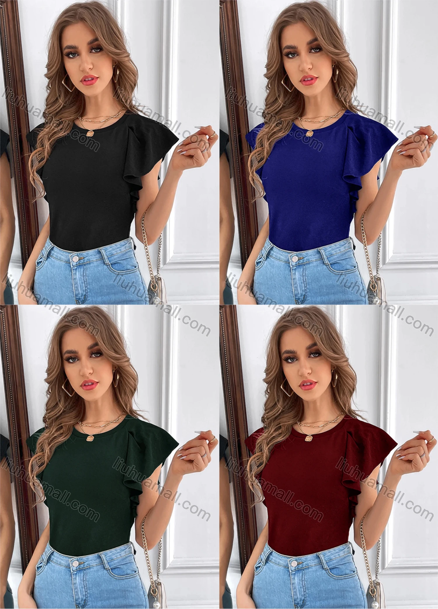 Wholesale Women's Round Neck Ruffle Sleeve Plain Casual Blouse B1006X# - Liuhuamall