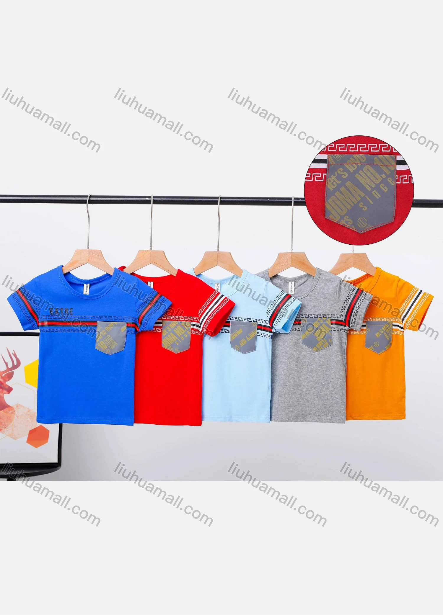 Wholesale Boys Letter Graphic Striped Patch Pocket Short Sleeve T-shirt B2210# - Liuhuamall