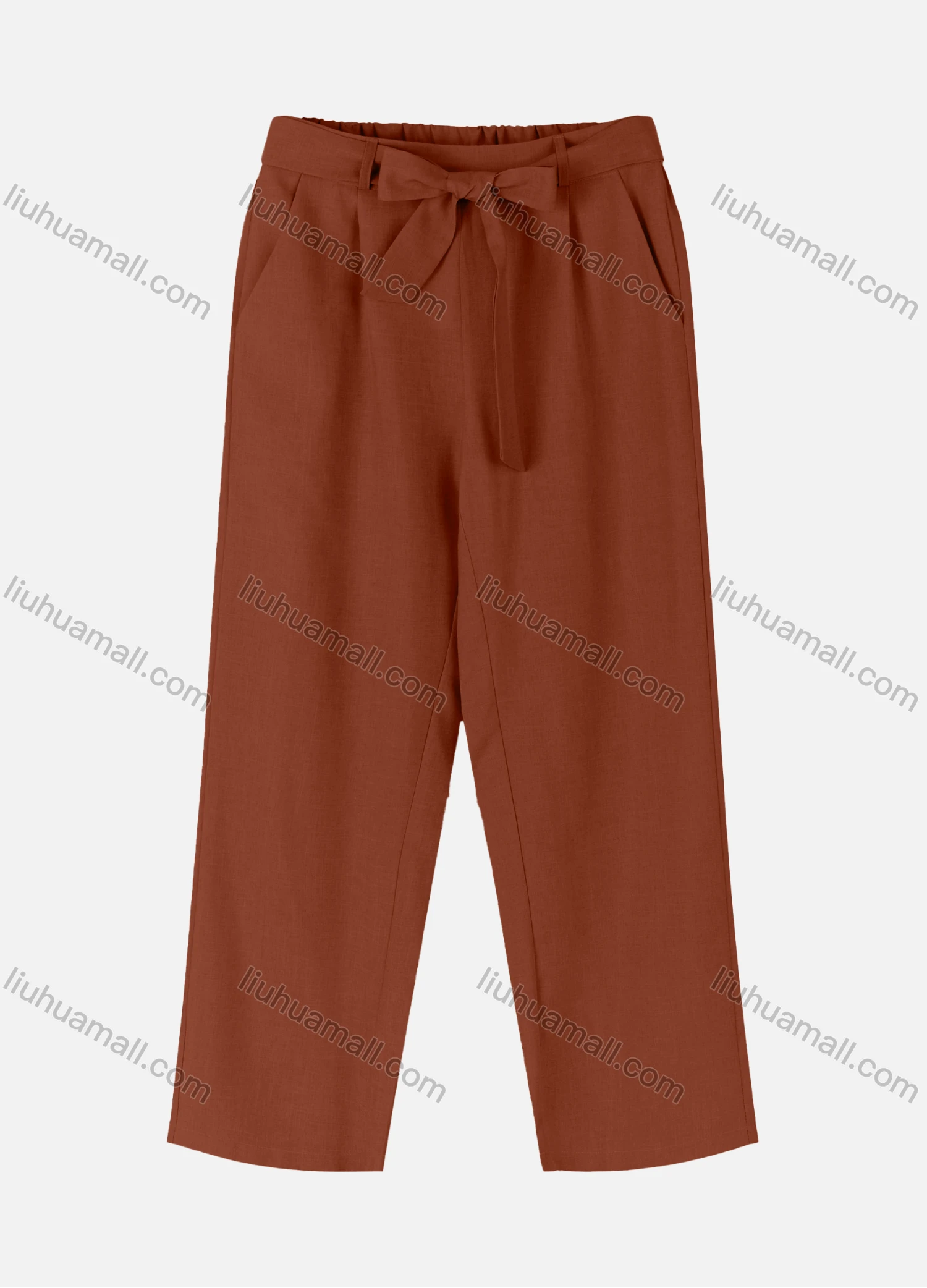 Wholesale Women's Casual Loose Soild Color Straight Leg Pants With Tie Belt 3717# - Liuhuamall